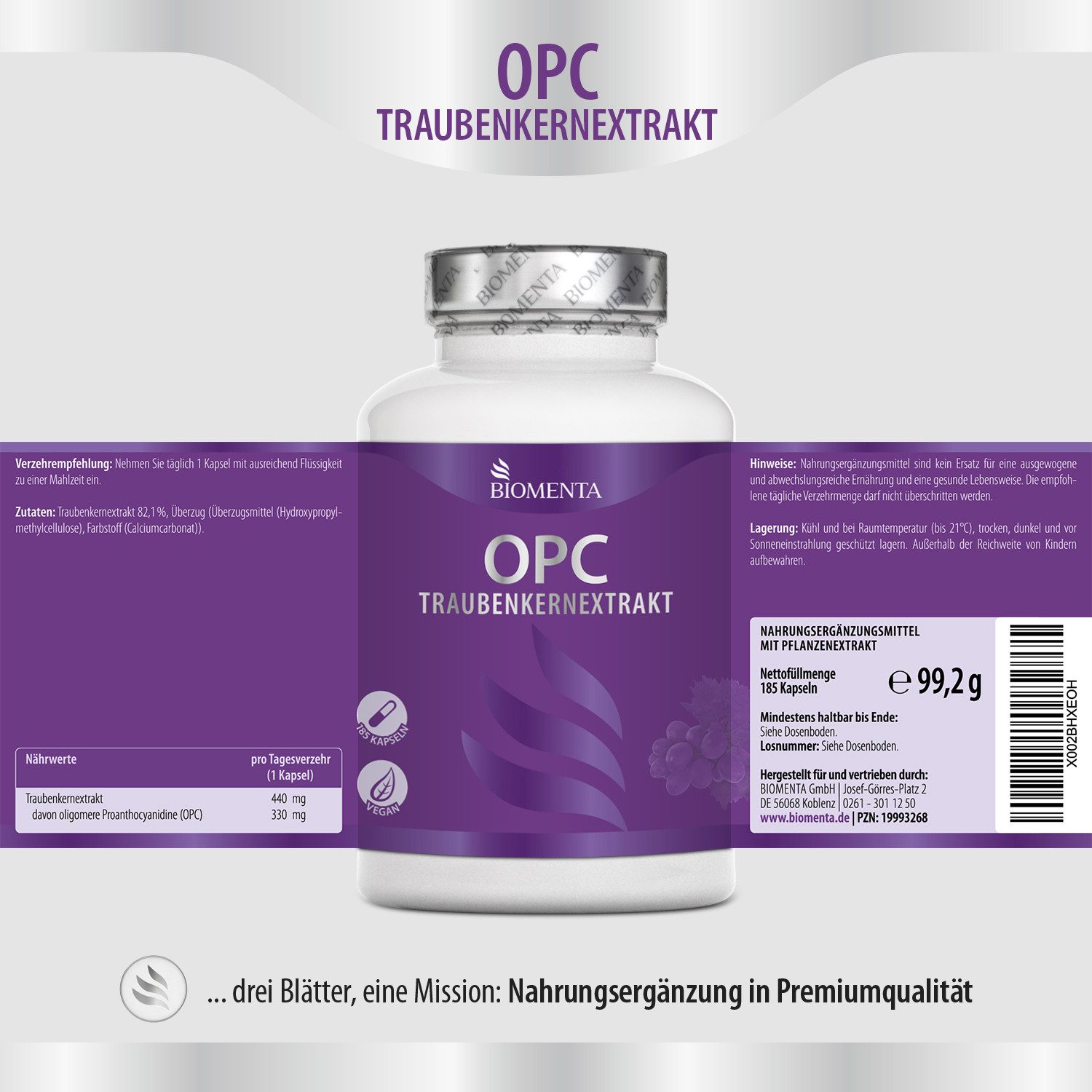 BIOMENTA OPC Traubenkernextrakt - 185 Kapseln hochdosiert - vegan Kapseln, 185 St., 99.2 g
