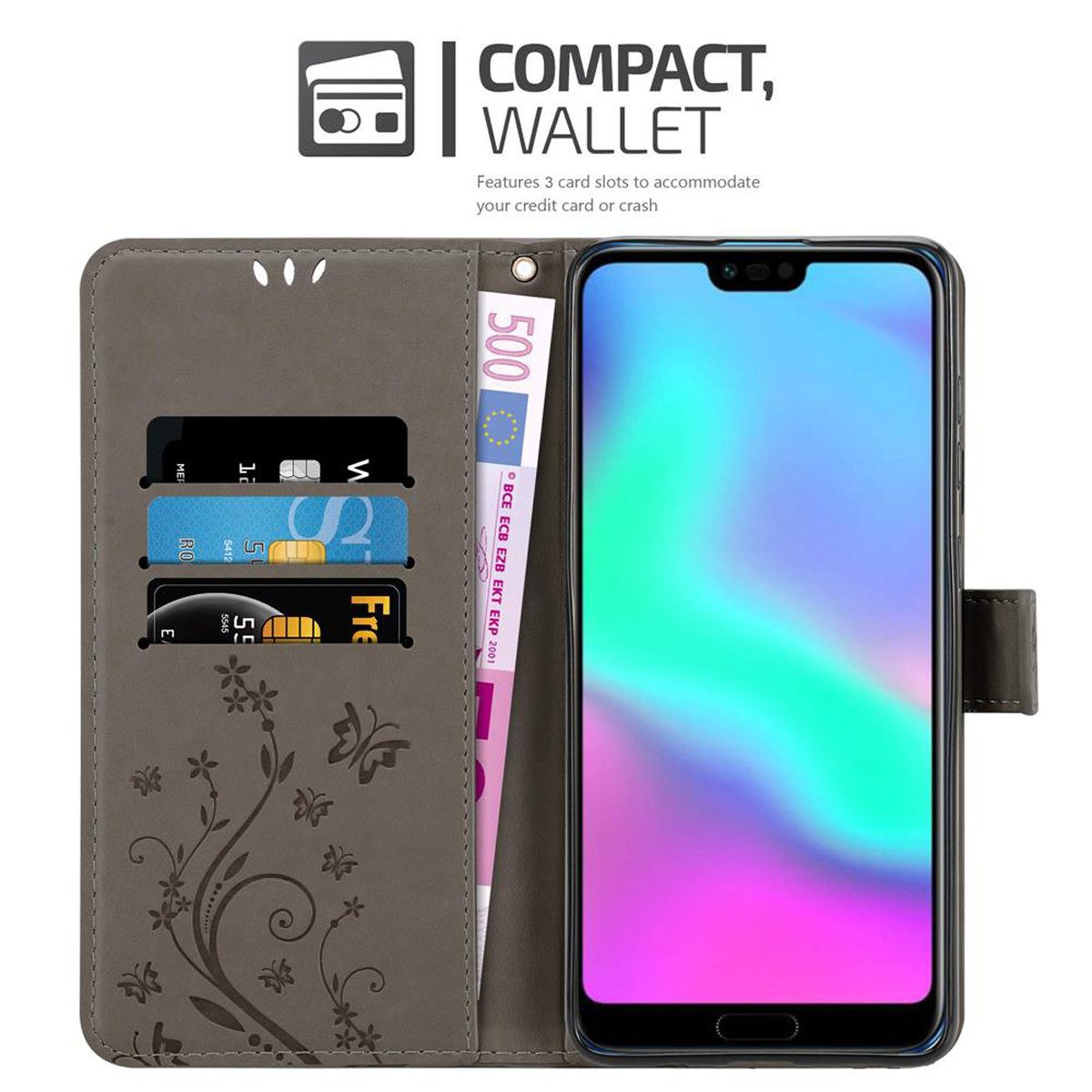 Cadorabo Handyhülle für Honor 10 Hülle Honor 10, Hülle Schutzhülle Blumen Flower mit Standfunktion Kartenfach Magnet