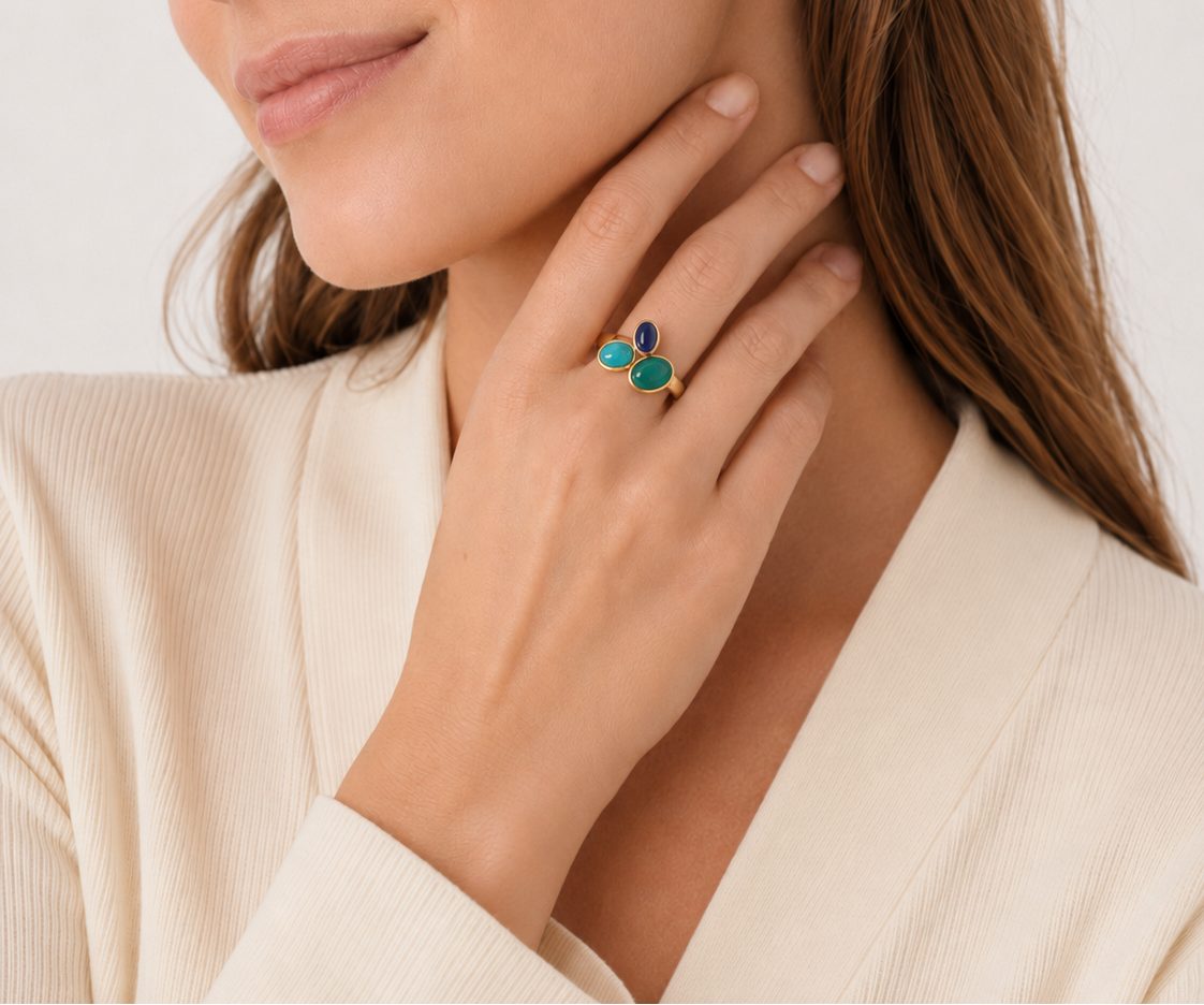 Sogni d'oro Fingerring mit Amazonit, Lapis und grünem Achat, Silber 925 vergoldet