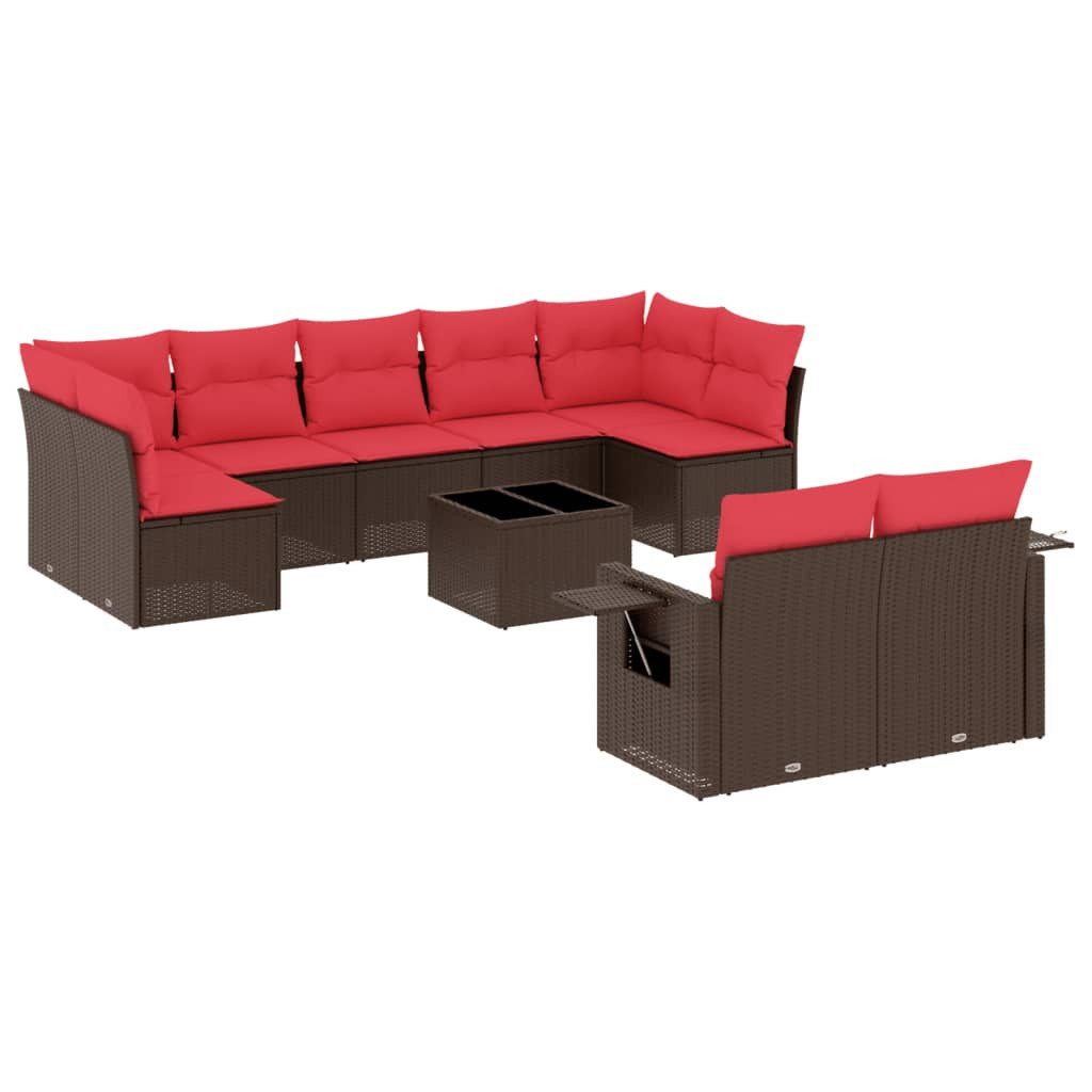 vidaXL Gartenlounge-Set 10-teiliges Gartensofa-Set mit Kissen, braun, Polyrattan, (1-tlg)