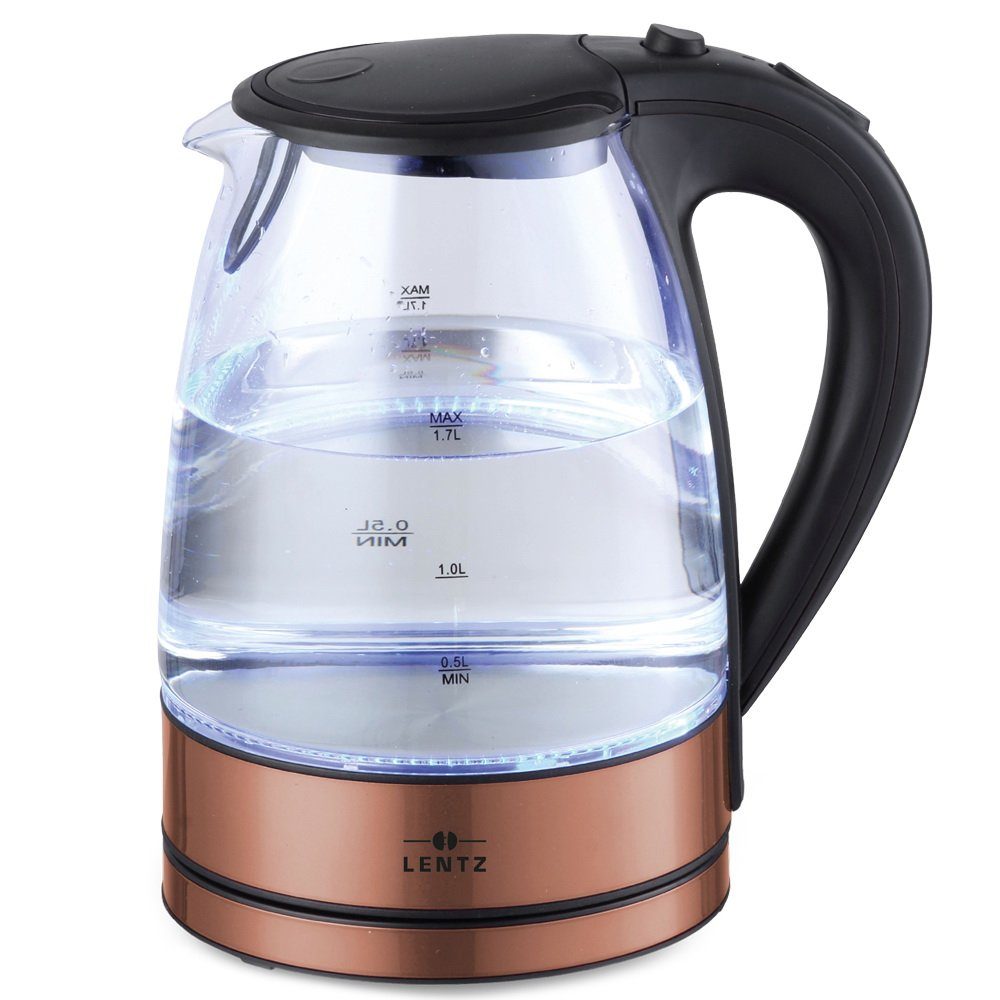 Lentz Wasserkocher 1,7 Liter LED-Glas-Wasserkocher, 1850 W, blaue LED-Leuchte Bronze