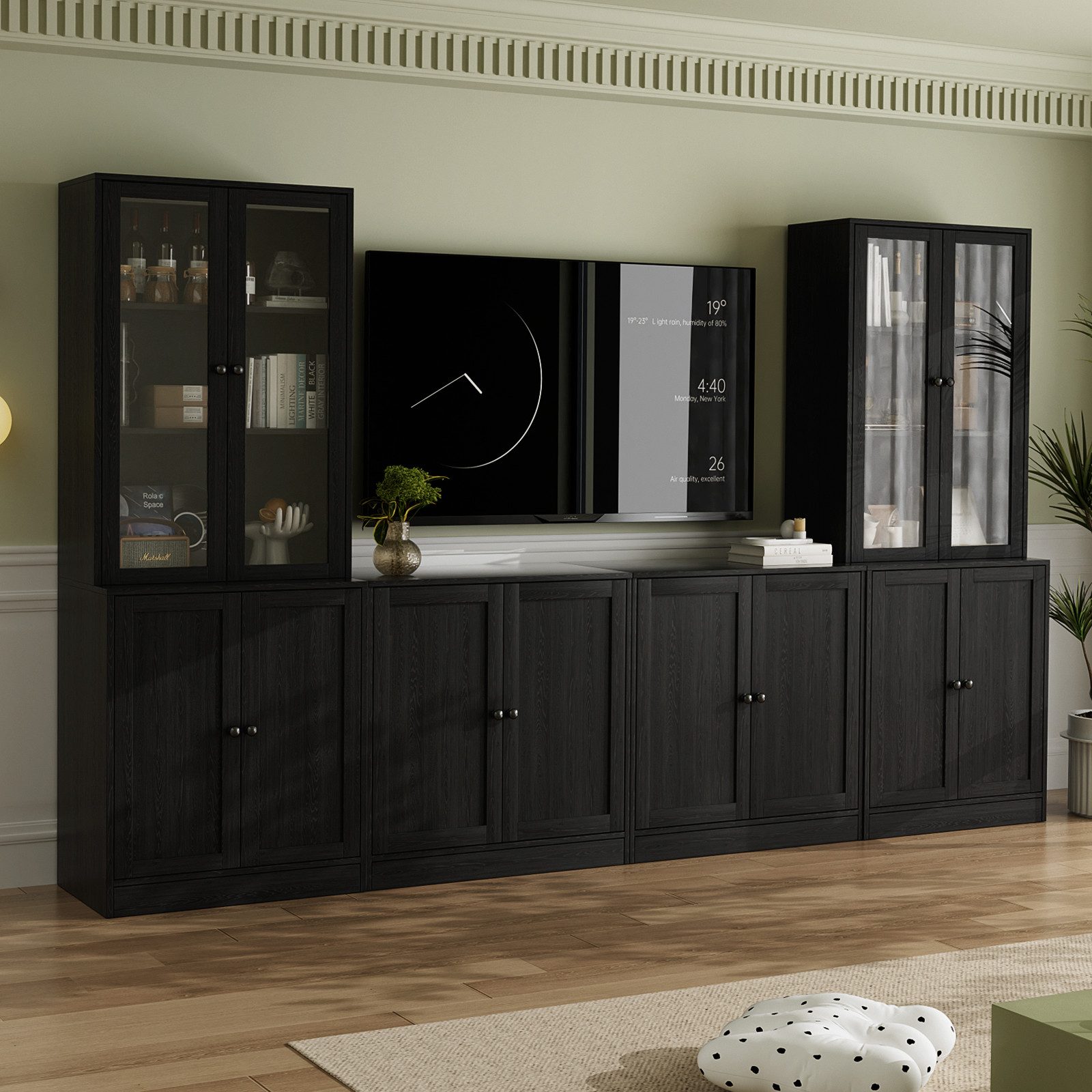 VOWNER TV-Schrank mit Bücherregalen für Fernseher bis zu 70 Zoll, 280 cm TV-Ständer (4-St) Wohnzimmer-Fernsehschrank mit gehärteten Glastüren und Einlegeböden