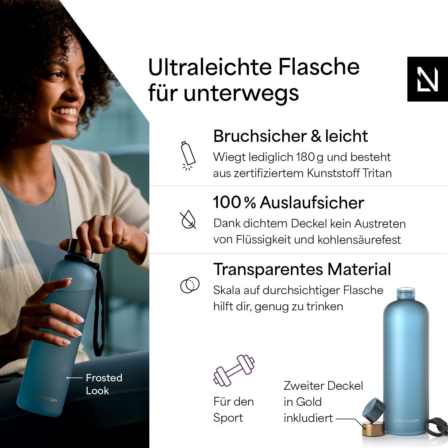 LARS NYSØM Trinkflasche Blæst, Trinkflasche mit Hydrationsskala und Trageschlaufe