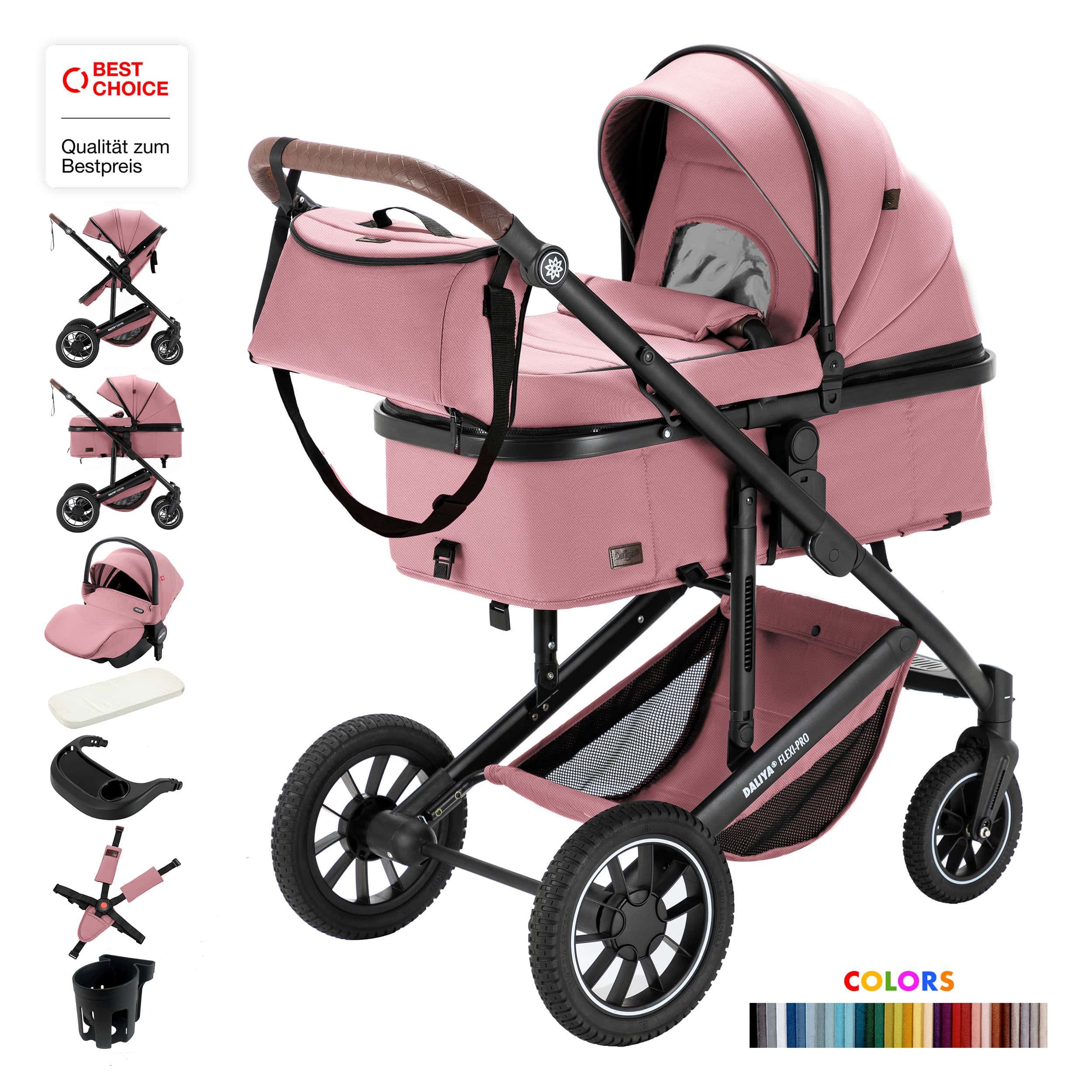 Daliya® Kombi-Kinderwagen FLEXI-PRO M 3in1 Kinderwagen & Buggy, Reisekinderwagen, XXL Set, (XXL-Set mit i-Size Babyschale, 13-tlg), Einhändig abnehmbare Wanne, i-Size Babyschale, Alu-Rahmen, Gummireifen