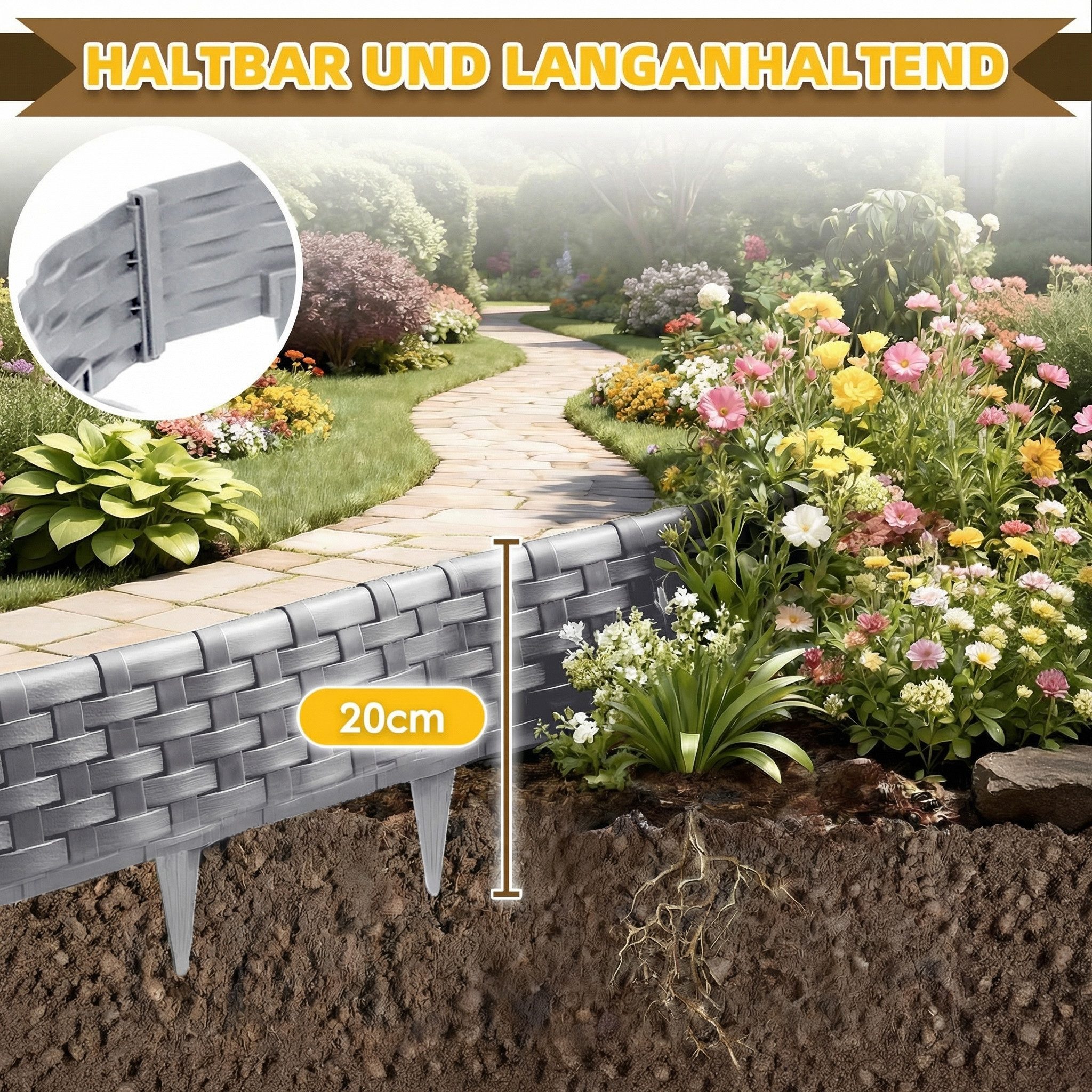 Huracan Beetumrandung Kunststoff Rasenkante Rattan-Optik, Beeteinfassung Beetumrandung Gartenpalisade, Wetterfeste UV-beständige Beetzaun Randsteine, Flexible S – Bild 5 von 5