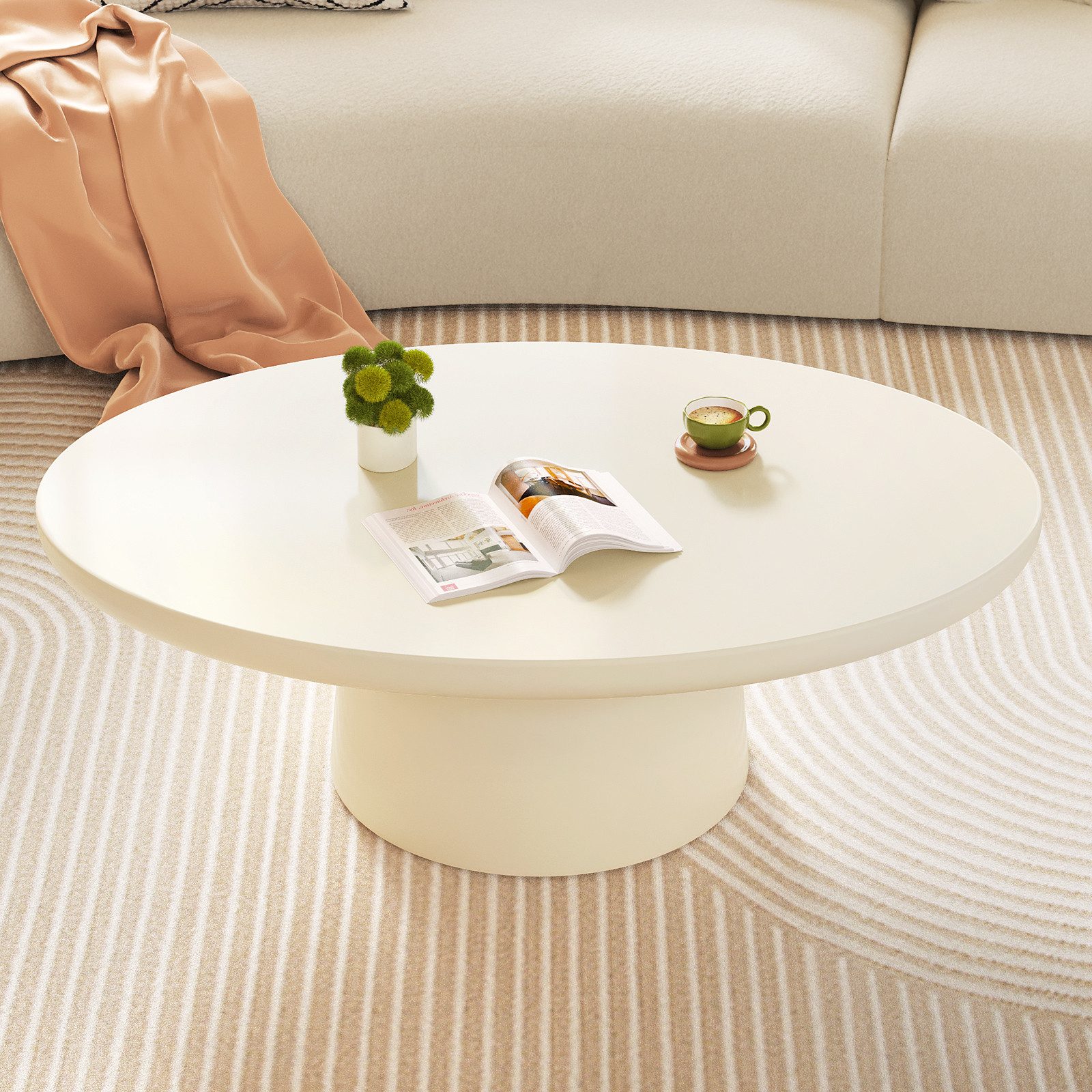 Guyii Couchtisch Ovaler Kaffeetisch, Wohnzimmertisch, Beistelltisch aus MDF, Cremeweiß (1-St), Minimalistischer Mitteltisch, 116 × 75 × 36 cm