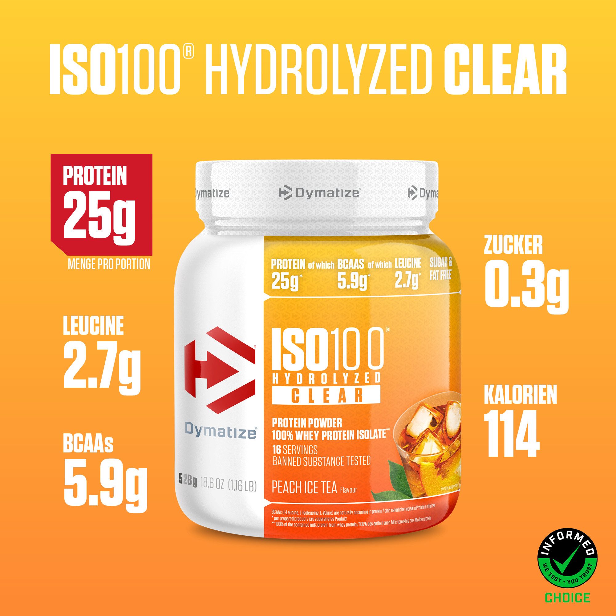 Dymatize ISO 100 Hydrolized Clear Peach Ice Tea 528g Whey Protein Pulver Pulver, 1 er 1 St., 528 g