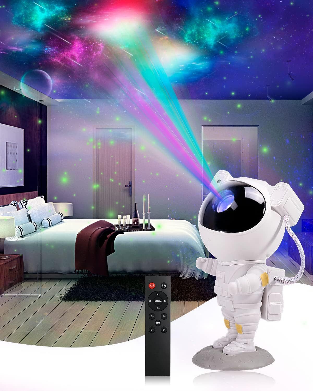 CheDux Nachtlicht Astronaut Galaxy Projektor LED Sternenlicht mit Timer Fernbedienung., LED-Lichtquelle, energieeffizient und langlebig, Variabel (mehrfarbige Nebel und Sterne, individuell kombinierbar)., 360° drehbarer Kopf, Timer-Funktion, Fernbedienung, 17 Lichtmodi.