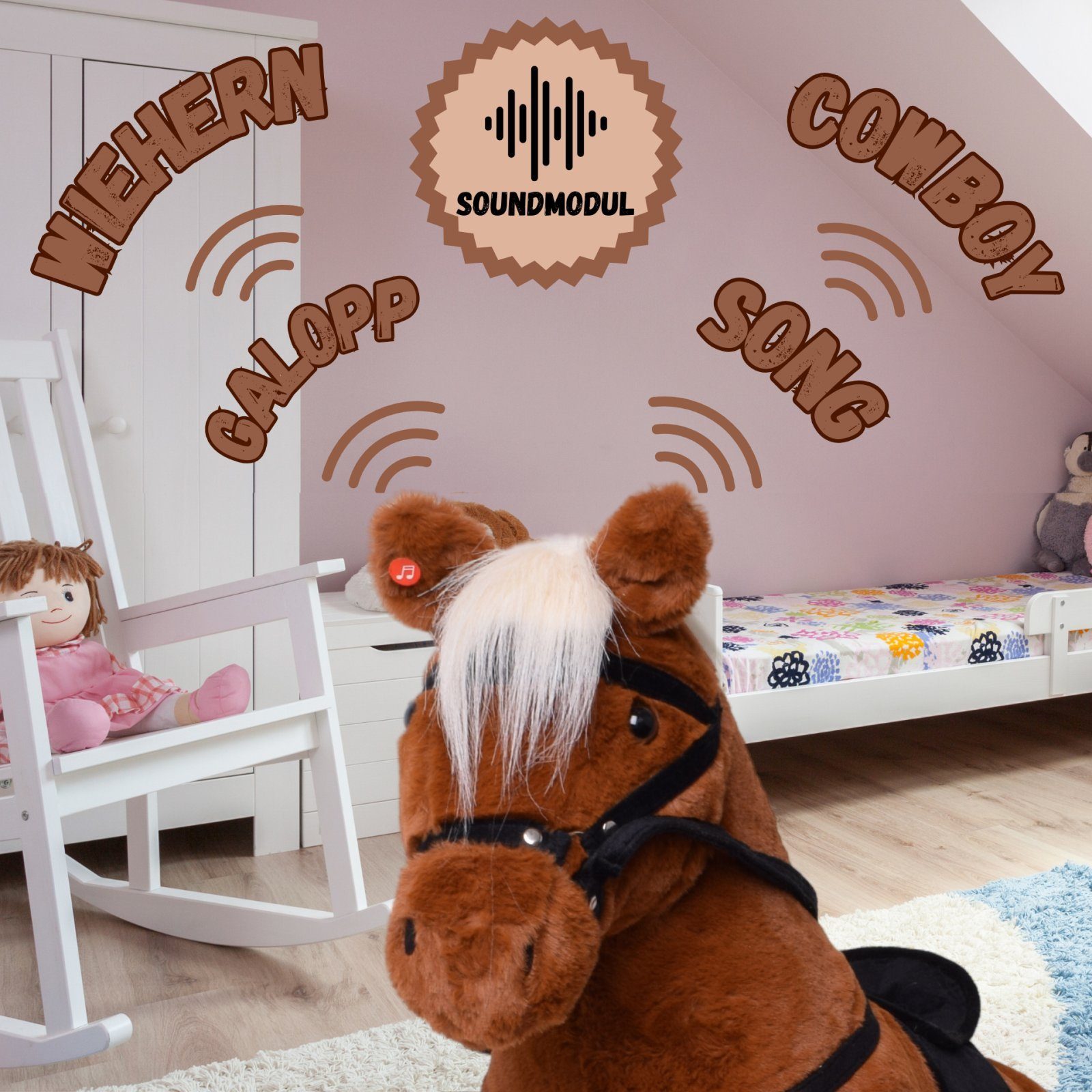 TE-Trend Reitpferd 70 cm Spielzeug Schaukelpferd Pferd zum Draufsitzen hellbraun, mit Soundmodul