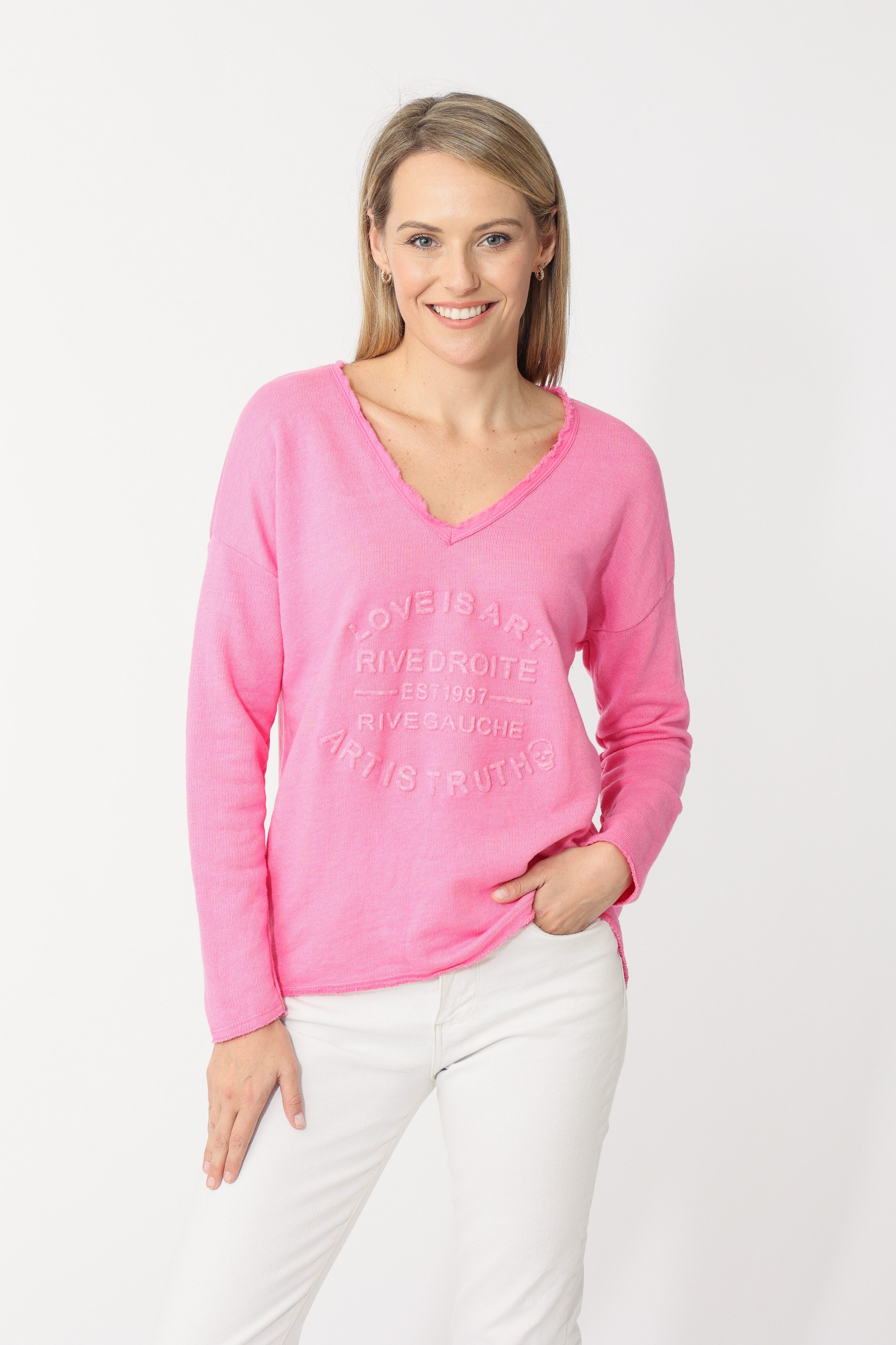Zwillingsherz Sweatshirt ausgefranster V-Ausschnitt, Vintage Look, Langarm