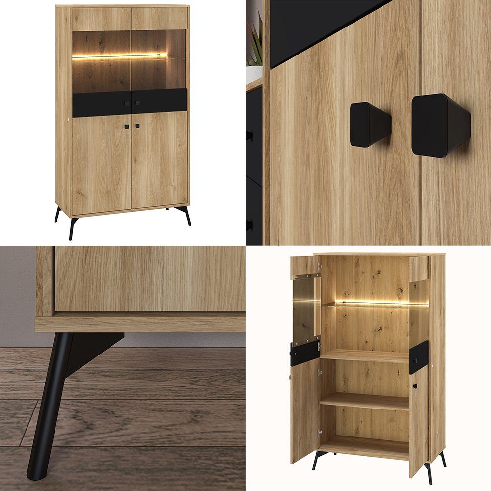 Wohnmöbel ARONA-132, Wohnwand modernen Beleuchtung schwarz (3-St., 3-tlg), ARONA-131 Lomadox Design Eiche