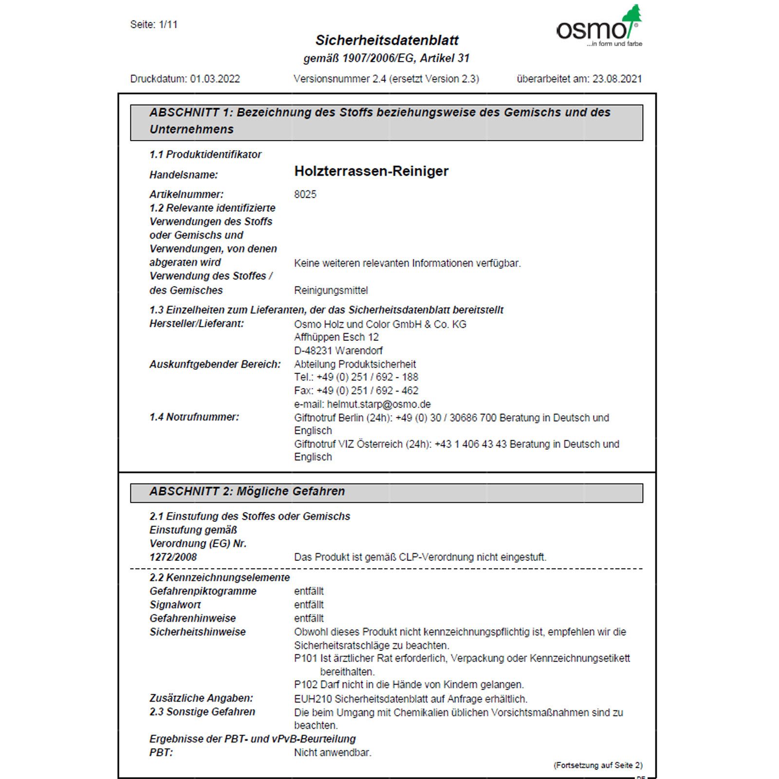 osmo Holz - Terrassenreiniger 1 LTR Holzreiniger