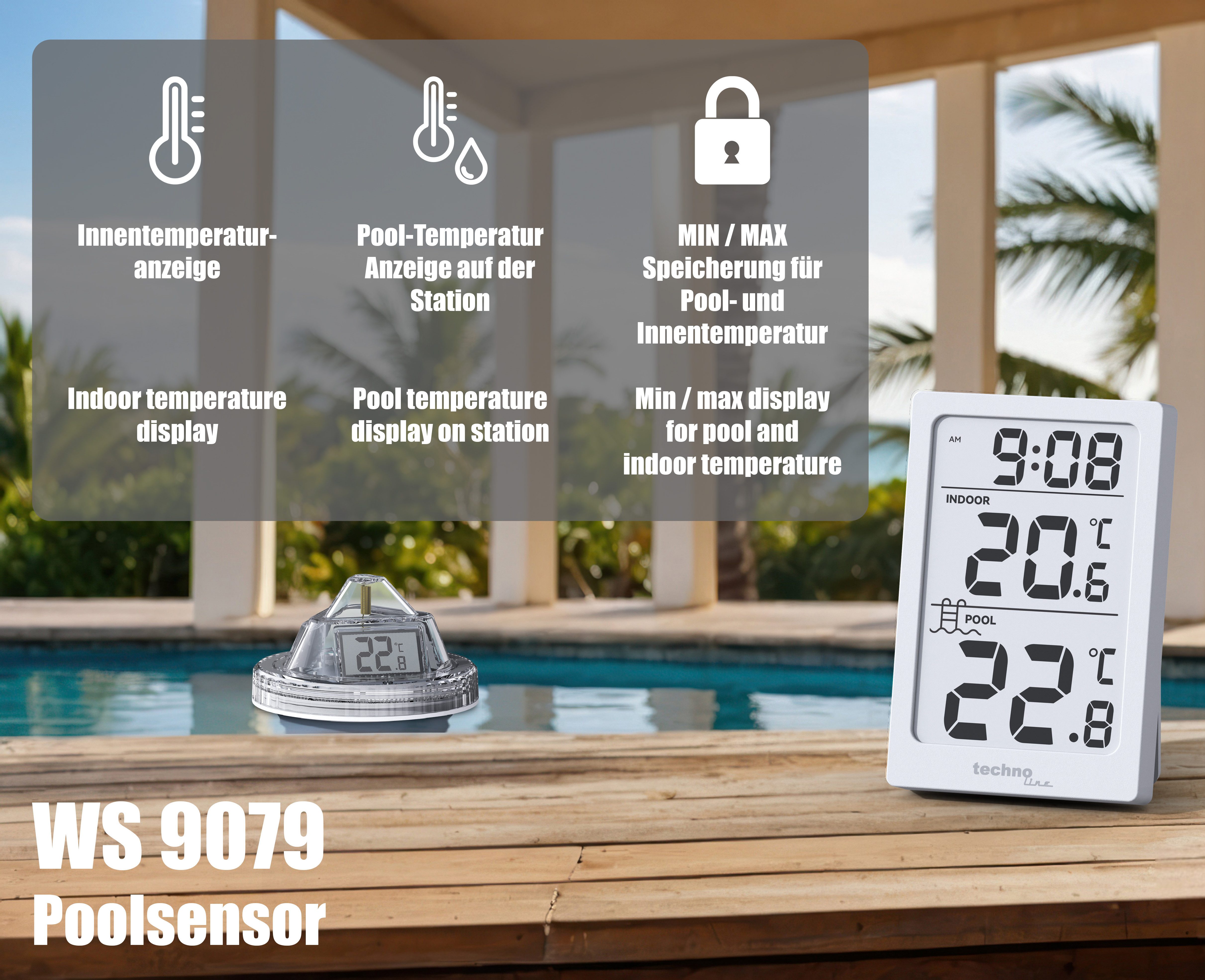 technoline Schwimmthermometer WS 9079, Digitales Poolthermometer mit Innenstation