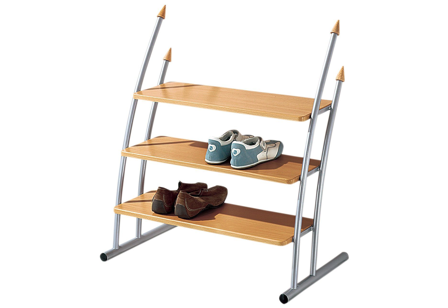 Schuhtreppe/Schuhregal buchefarben, Ablagen und Spitzen aus Massivholz