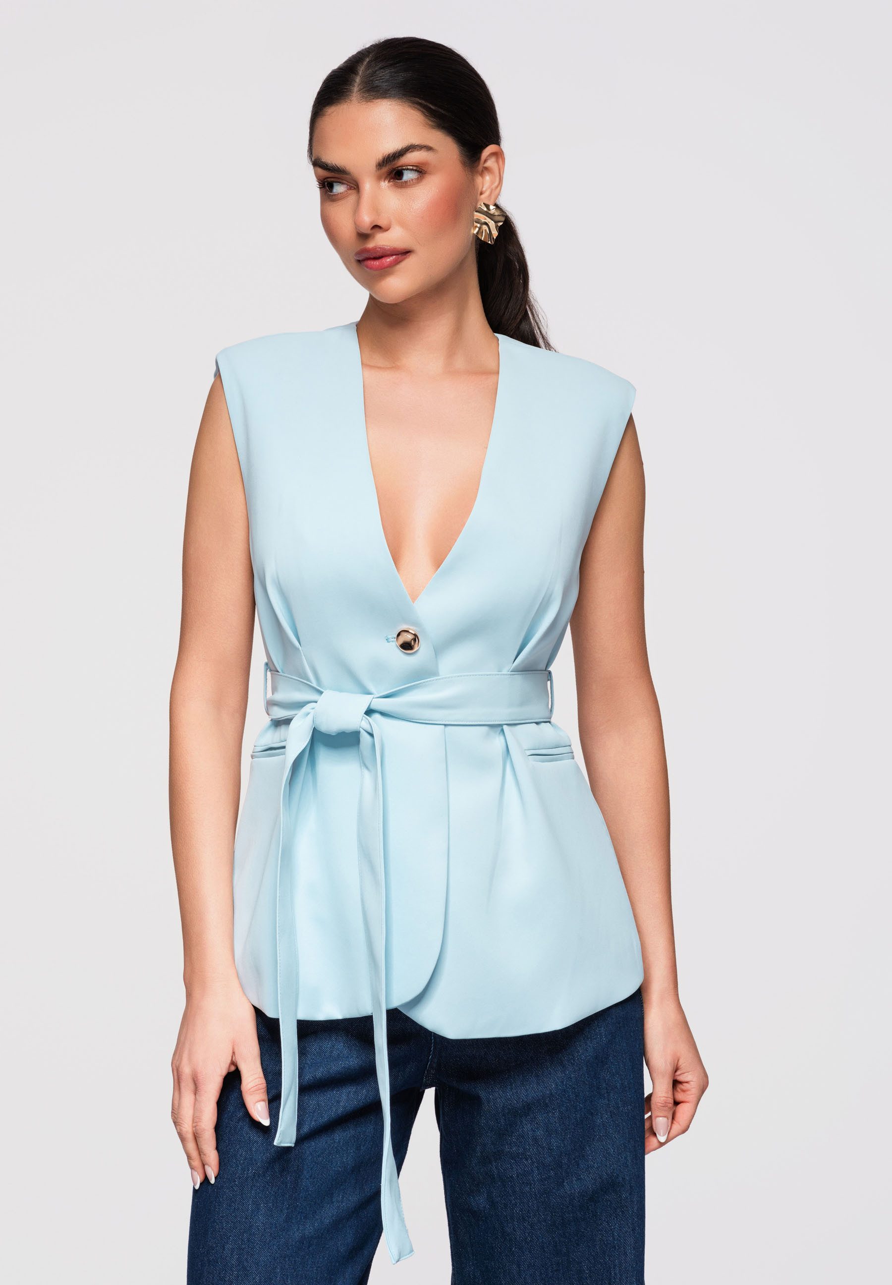OMBRE Longweste Damen Taillierte Weste mit ausgestelltem Saum Elegant Blau M (kein Set, 1-tlg) Taillierter Schnitt mit ausgestelltem Saum, Gürtel