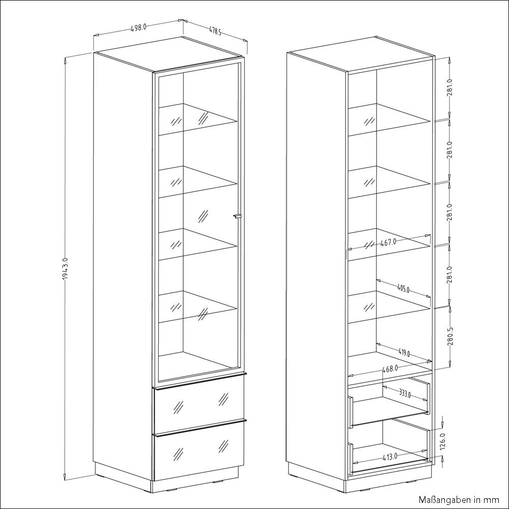 : schwarz Schubkästen, 50/195/48 Vitrine mit LED modern und HOOVER-83 Lomadox cm Beleuchtung