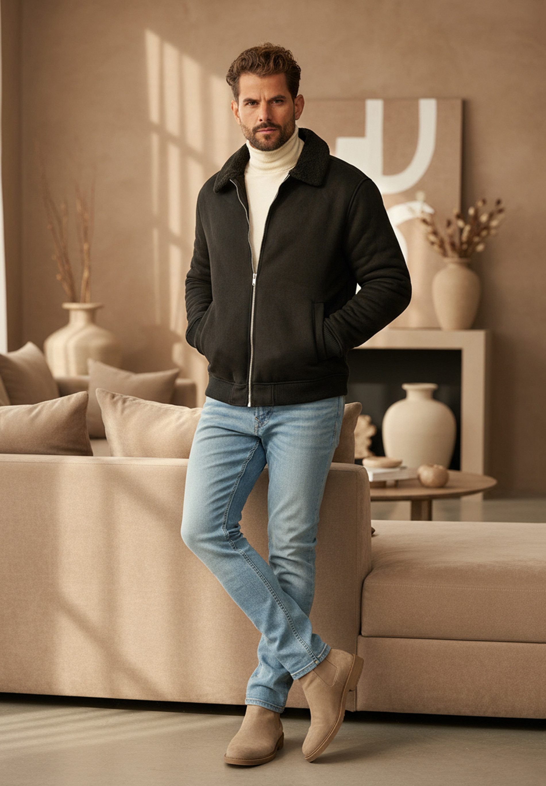 OneRedox Blouson als Weiche Übergangsjacke in Lammfell-Optik Herren Blousonjacke als Winterjacke Bomberjacke