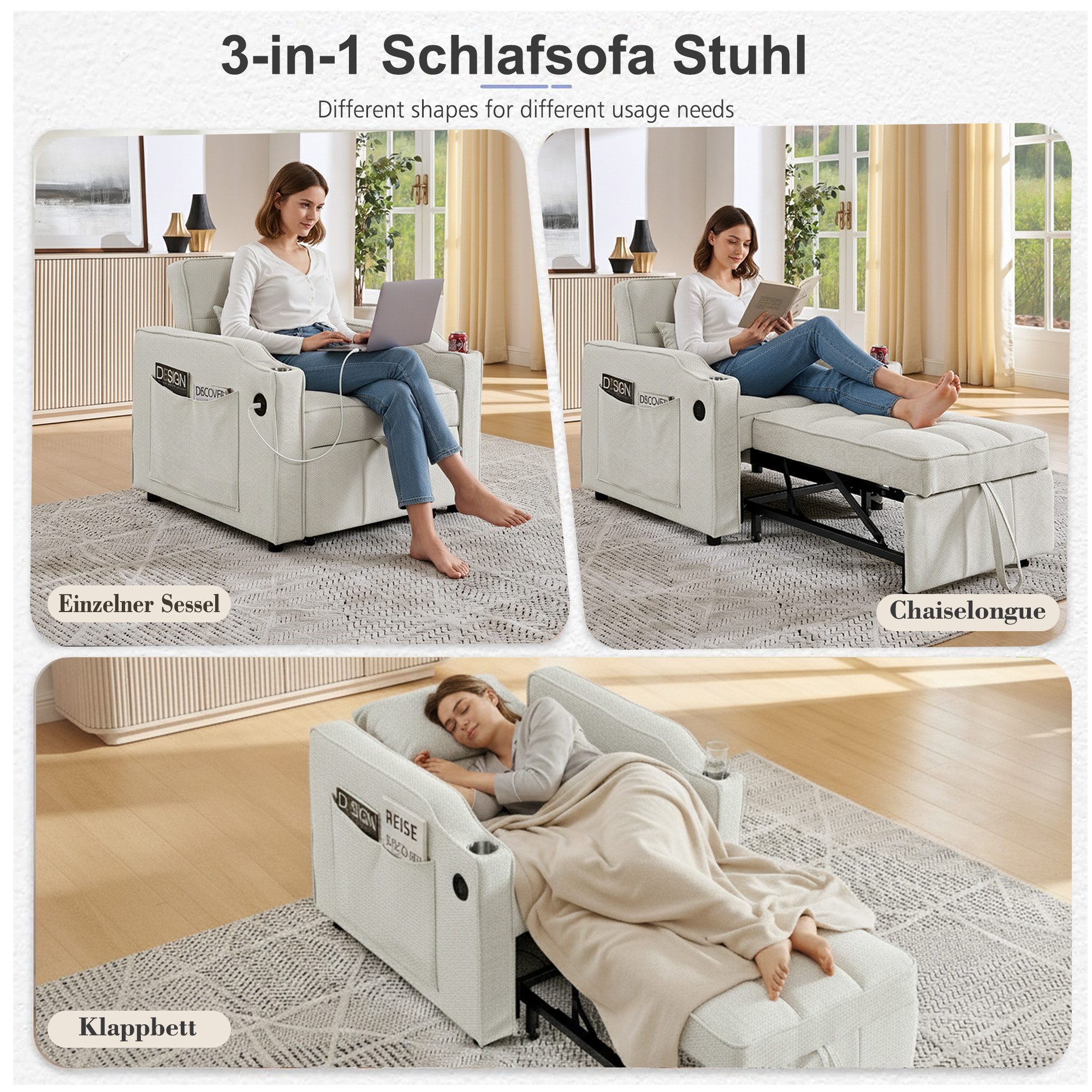 i@home Relaxsessel 1-Sitzer Sofa, faltbares Schlafsofa, Schlafsessel (platzsparend für Wohnzimmer und Schlafzimmer), USB/Type-C Anschluss, Schlafsofa (190cm) Edelstahl-Getränkehalter