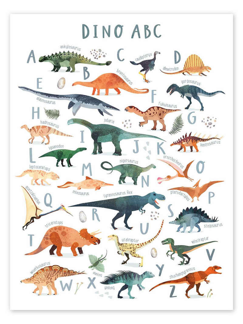 Posterlounge Poster Victoria Borges, Fröhliches Dinosaurier ABC, Kinderzimmer Skandinavisch Kindermotive
