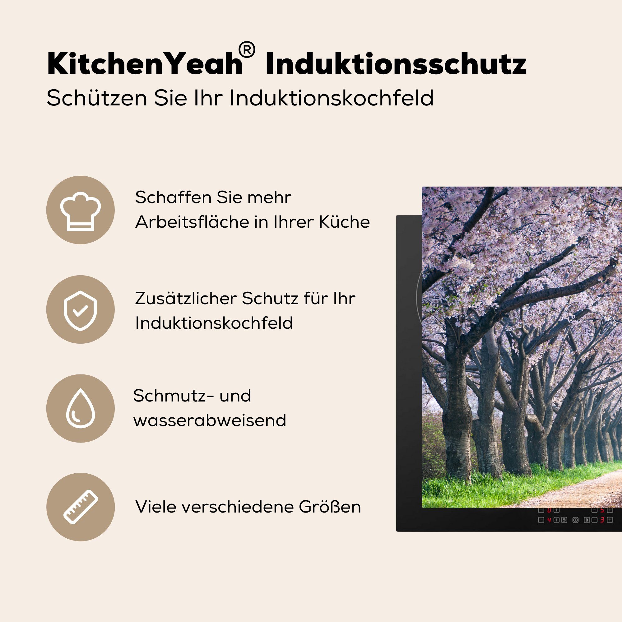 MuchoWow Herdblende-/Abdeckplatte Kirschblüte Bäumen, Schutz tlg), in Induktionskochfeld küche, 81x52 den (1 Ceranfeldabdeckung die cm, für Vinyl