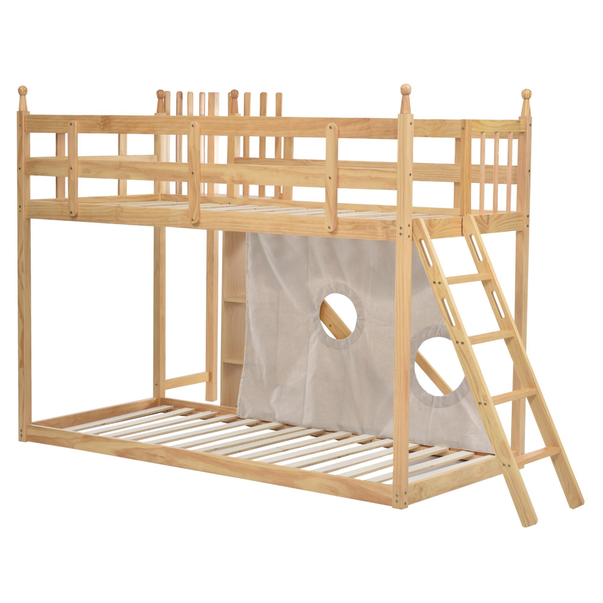 REDOM Kinderbett Etagenbett, Holzbett, mit Gästebetten, mit Kiefer), Zäune, Ohne Hausbett Matratze natur Regal, Rahmen Rutsche Bettvorhang, (mit Bett, und Treppe Gitter, aus 90x200cm, und und Fallschutz