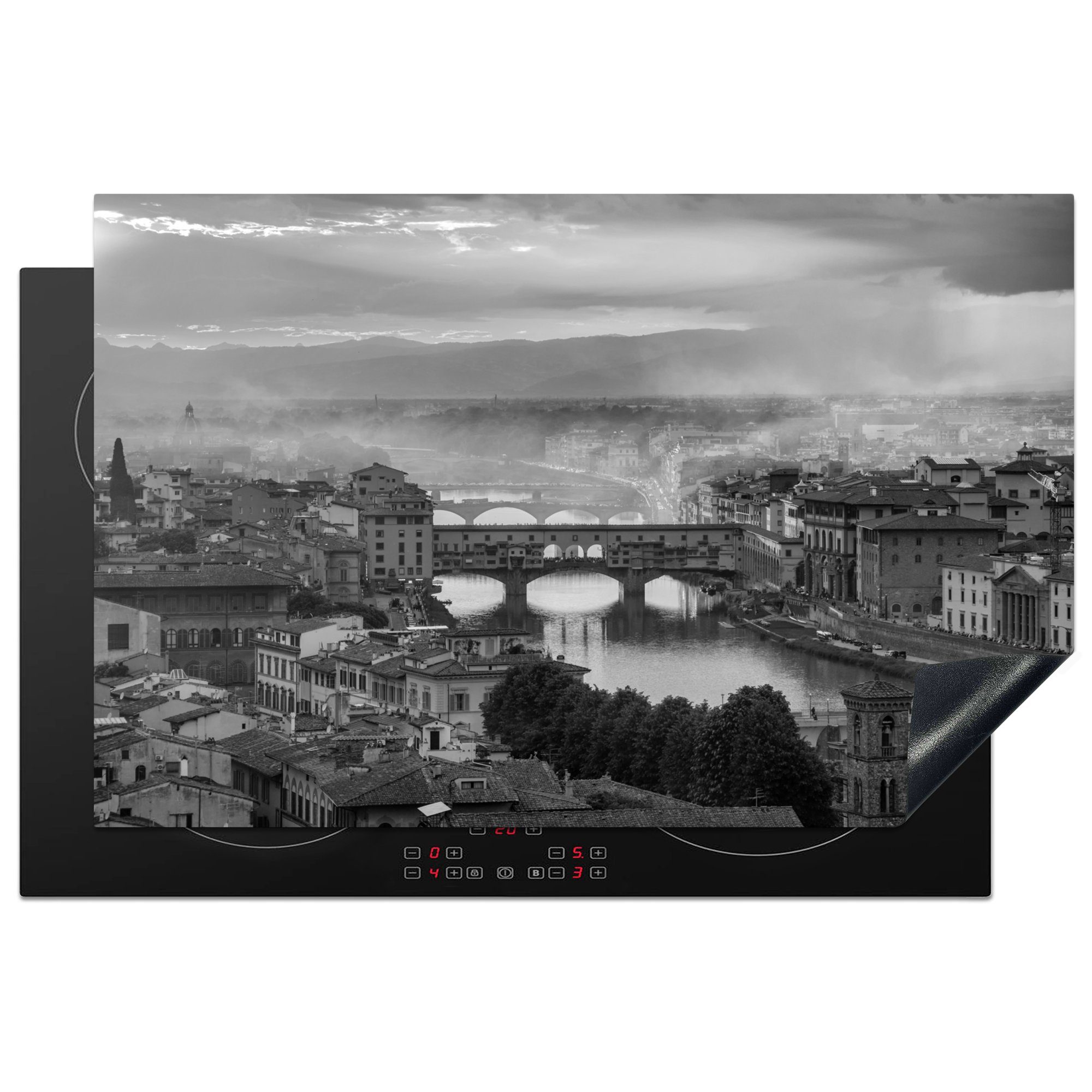 MuchoWow Herdblende-/Abdeckplatte Italien - Schwarz - Weiß - Brücke, Vinyl, (1 tlg), 81x52 cm, Induktionskochfeld Schutz für die küche, Ceranfeldabdeckung