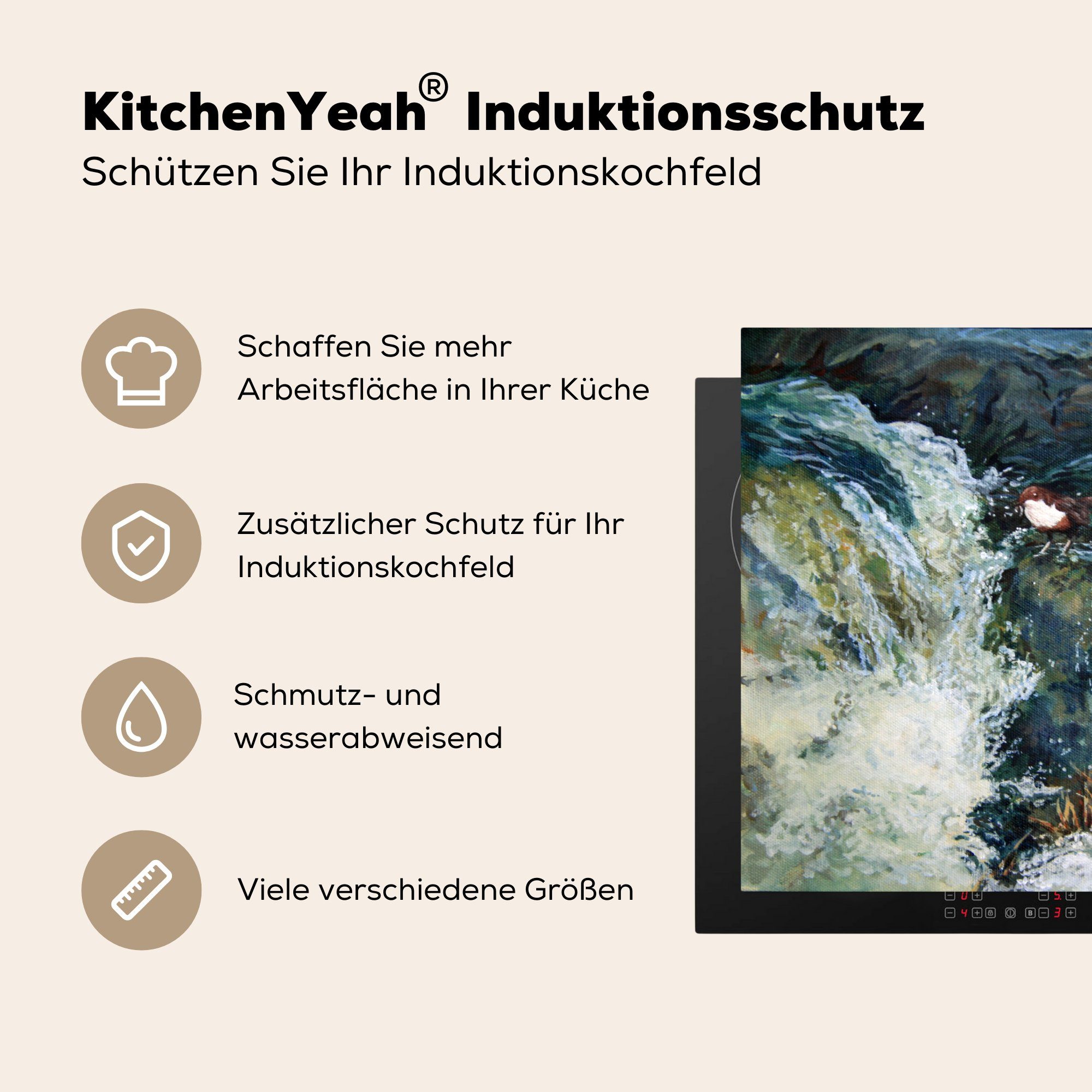 MuchoWow Herdblende-/Abdeckplatte Arbeitsplatte Der (1 der Vinyl, und Ölgemälde für 78x78 küche Ceranfeldabdeckung, cm, Wasserfall, tlg), Vogel