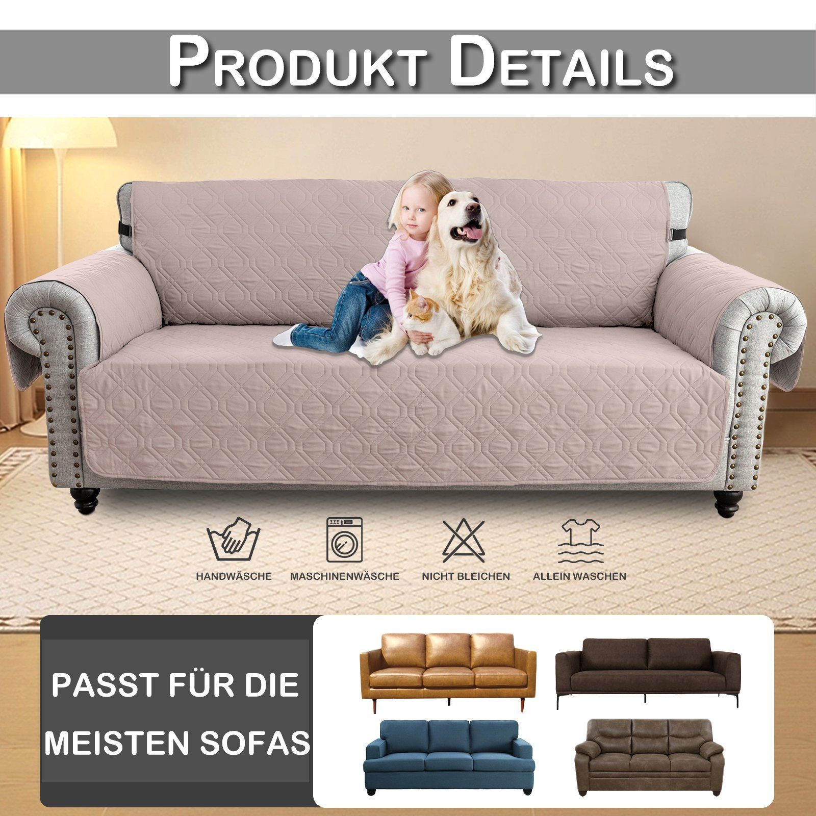 Sofabezug Wasserdicht Couch Sofa Anti-Rutsch Khaki Sunicol, Sesselbezug 1-3Sitz, Gesteppter Armlehnenauflage Hunde Haustier Sesselschoner Schutz Überwurf