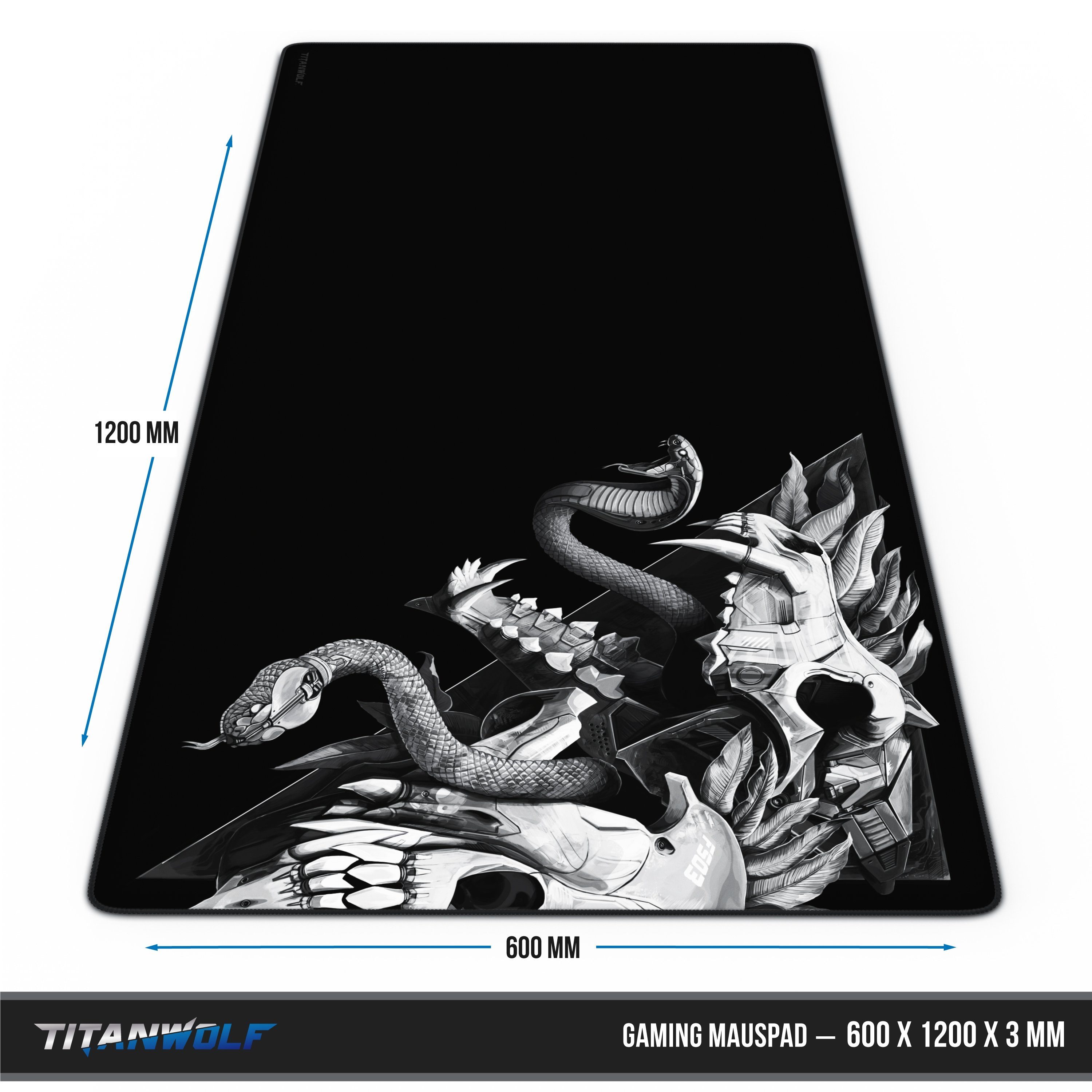 Titanwolf Gaming Mauspad XXXL Speed Mousepad 1200 x 600 x 3 mm, große Tischunterlage, rutschfest, abwaschbar, Geschwindigkeit & Präzision, Wolf Skull