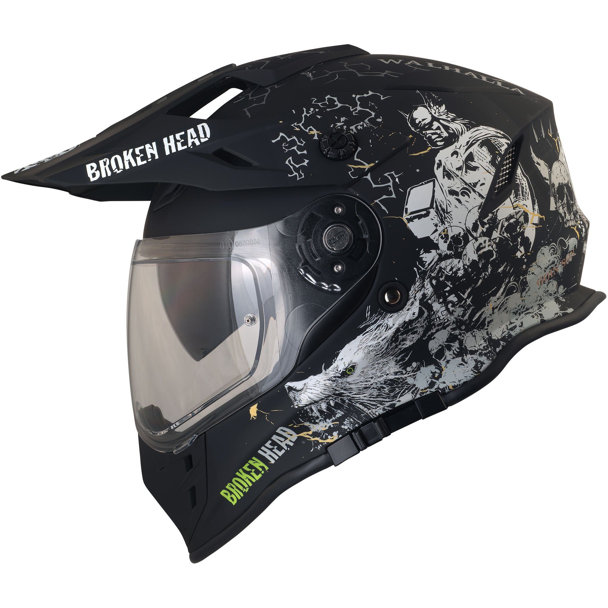 Broken Head Motorradhelm Fullgas Viking VX2 schwarz-matt Enduro Motocrosshelm, inkl. Sonnenblende