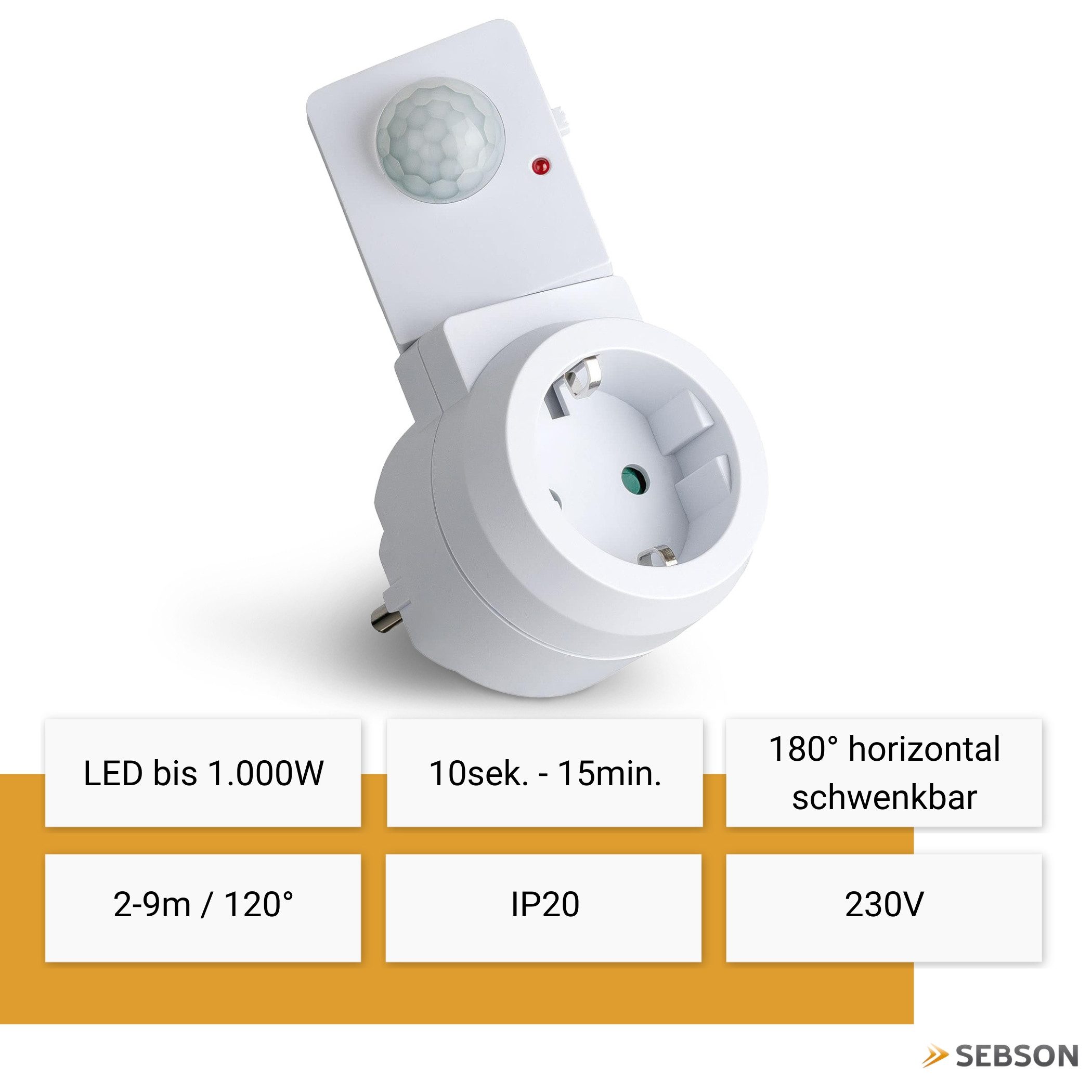 SEBSON Bewegungsmelder Zwischenstecker Bewegungsmelder - Schuko Stecker 230V programmierbar, (1-St), Schwenkbar, max. 1000W LED geeignet, Steckdosen-Adapter