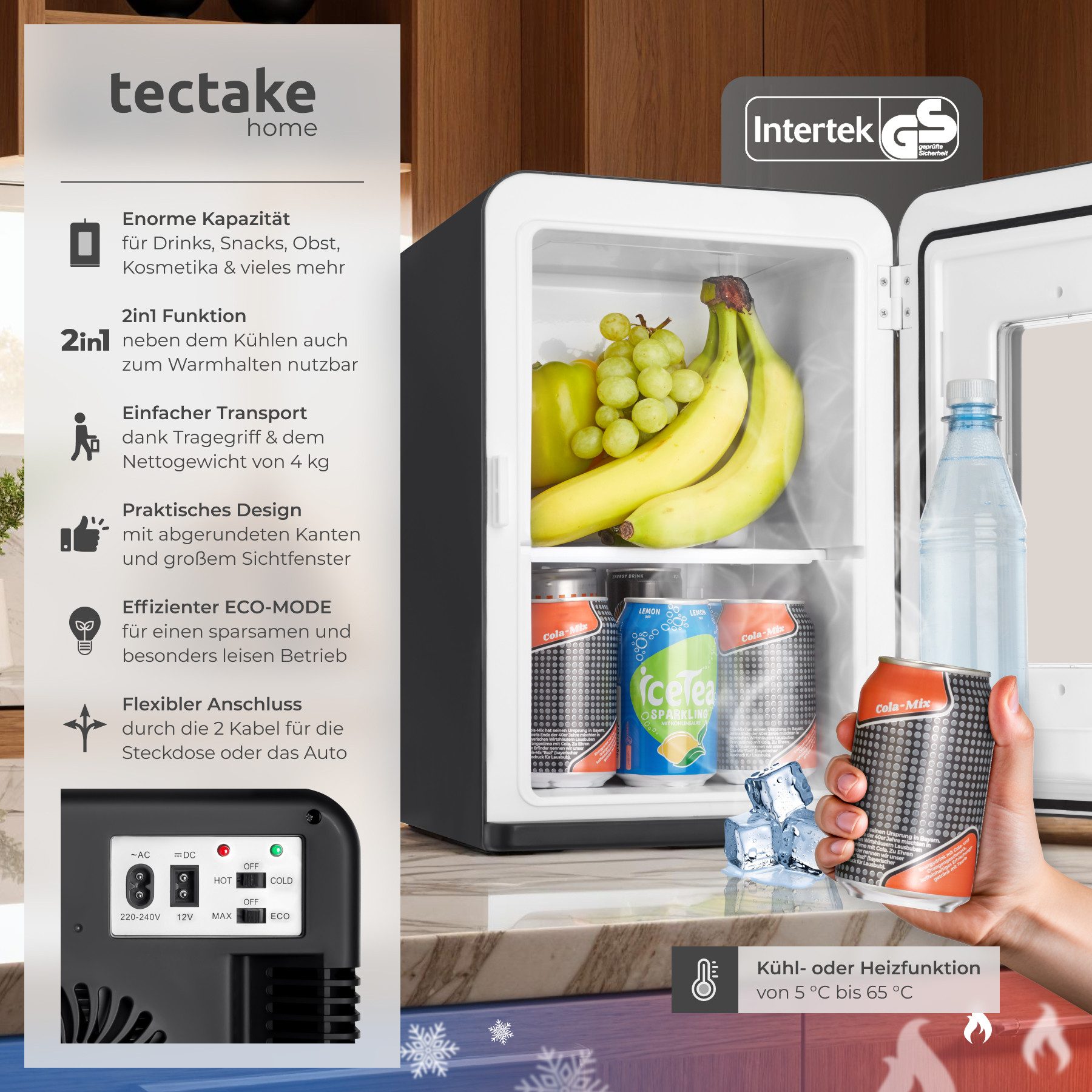 tectake Kühlschrank Kühlschrank, 41,00 cm hoch, 27,00 cm breit, 2 in 1 Kühl- und Heizfunktion
