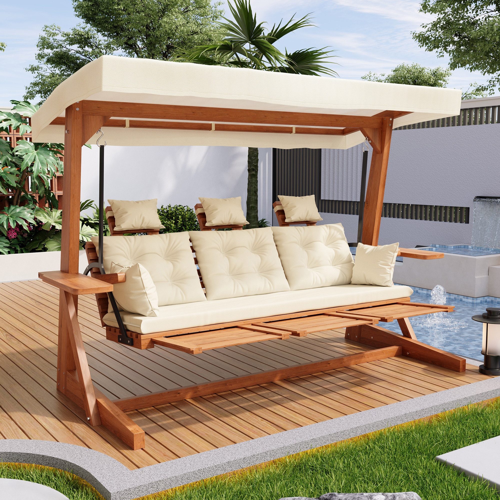 OKWISH Hollywoodschaukel Gartenschaukel 194.5x119.5x182.5 cm aus Holz mit Wetterschutzdach, 3-Sitzer, mit Fußstütze, Packung, 1 tlg., Auflagen und Zierkissen,Polyester Dach,Trittbrett, Garten Möbel Robuste Gartenschaukel, für Garten,Terrasse.