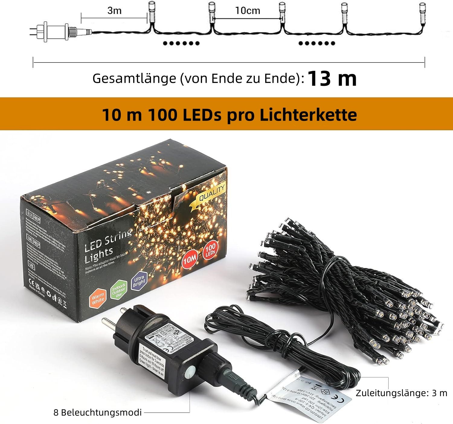 Quntis LED-Lichterkette 10-100M Lichterkette Weihnachtsdeko Innen/Außen mit Stecker, 8 Modi, Lichtervorhang Lichterkette Weihnachtsbaum Deko für Weihnachten – Bild 5 von 5