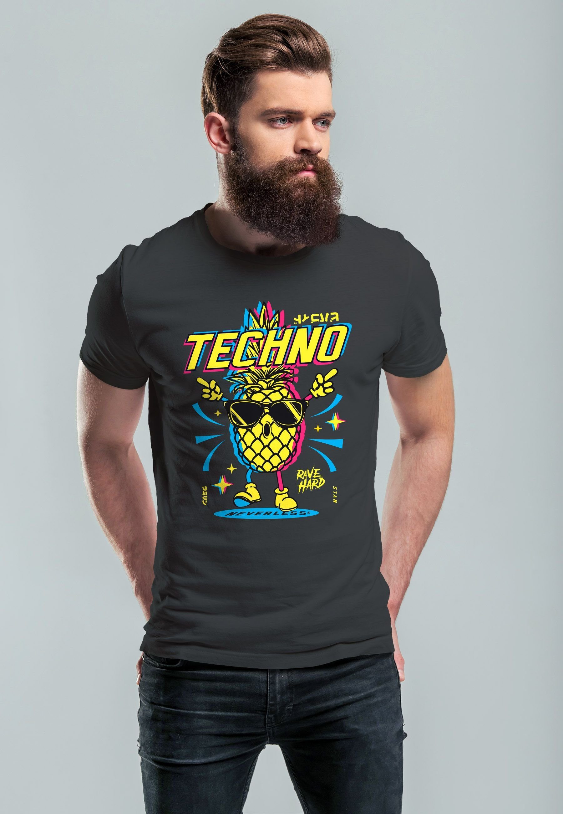 mit Printshirt Shirt anthrazit Techno Print-Shirt Ananas Lustig Print Tanzen Rave Herren Party T-Shirt Neverless