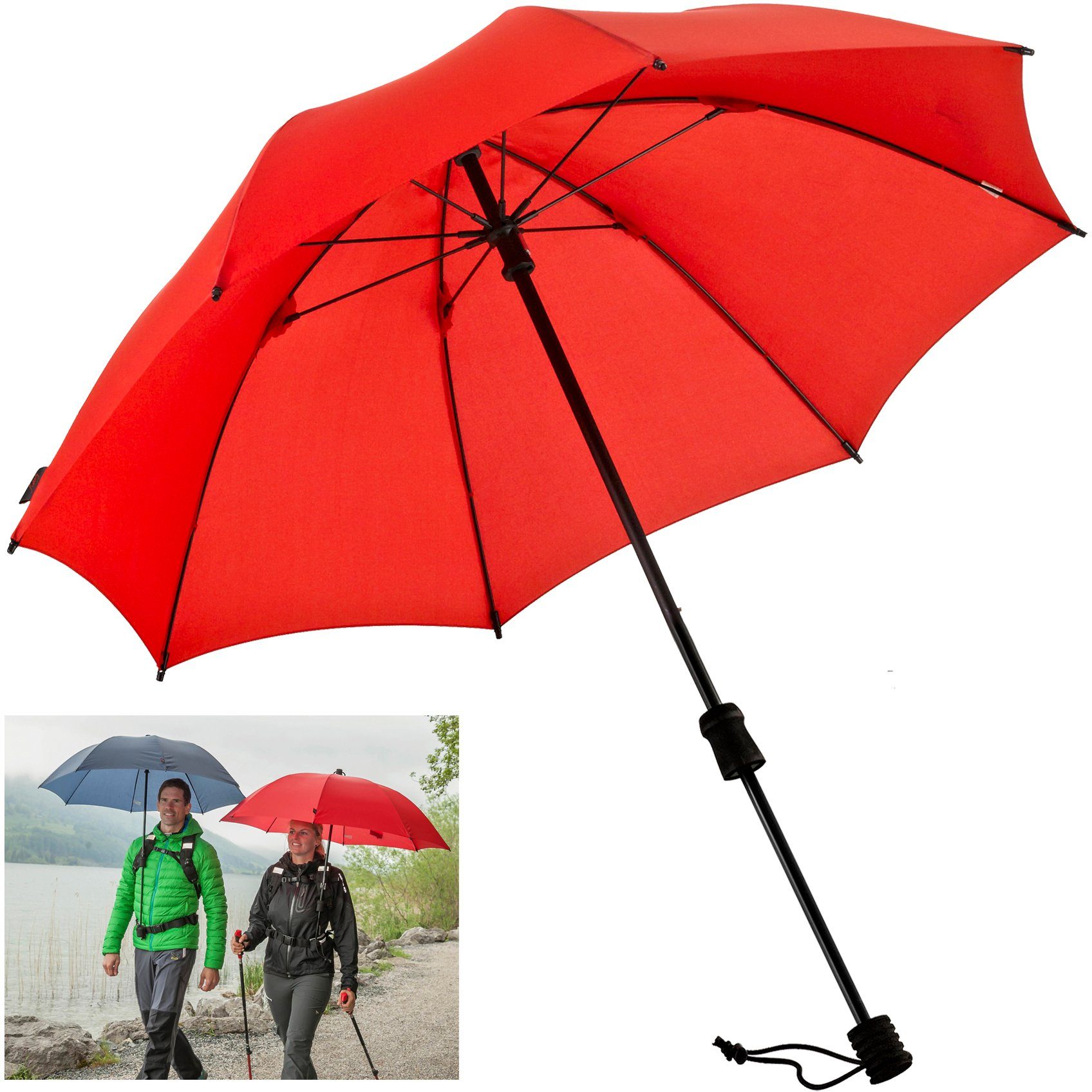 EuroSCHIRM® Stockregenschirm befestigt Hüftgurt handfrei an mit werden Rucksack tragbar, handsfree, getragen handfrei Swing jedem Kann rot, und
