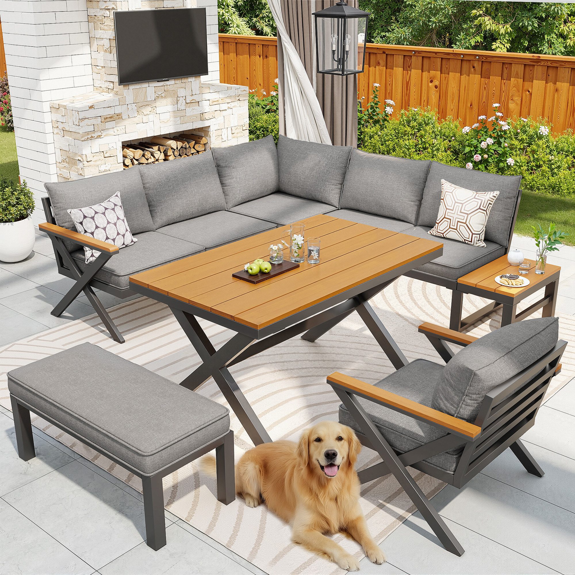 Odikalo Gartenlounge-Set Gartenmöbel Set mit robustem Metallrahmen, (mit modernem X-Design, 10cm dicken Kissen und Holztischen, verstellbare Füße für Terrasse, Balkon, Garten)