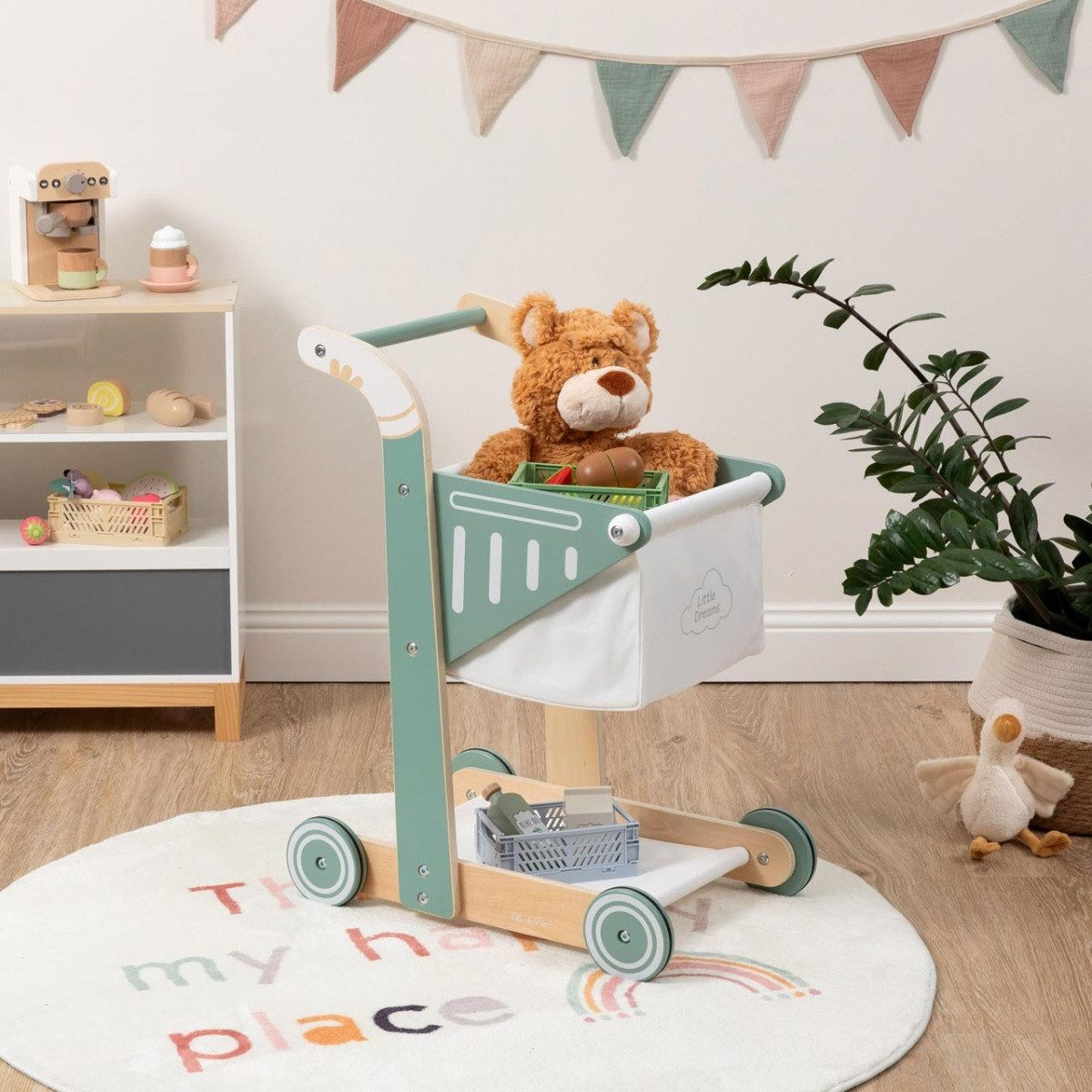 ELLA & PIET® Spiel-Einkaufswagen SHOPPY aus Holz für Kinder (Salbeigrün)
