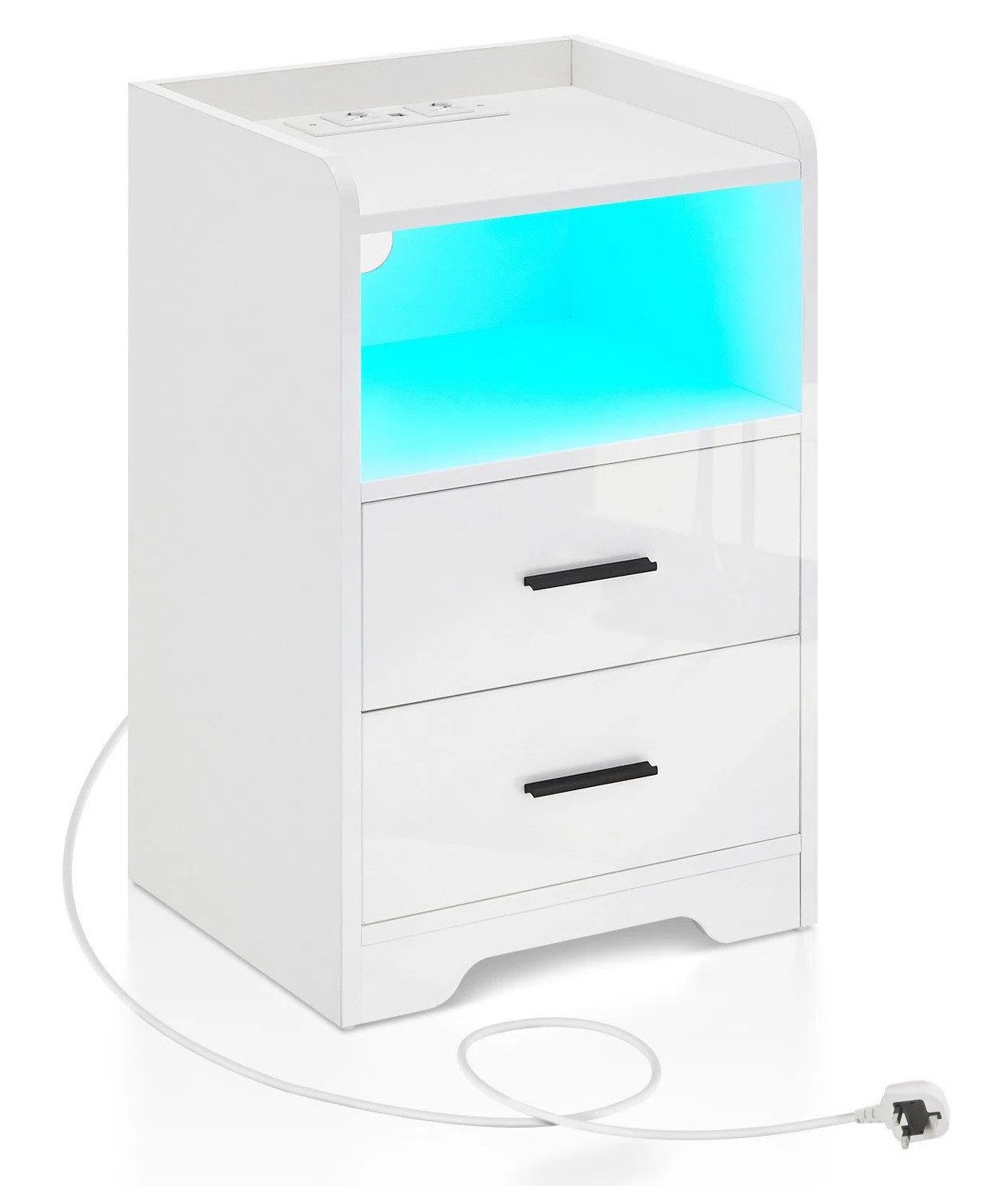 Ofcasa Nachtkommode 38,6x35x65cm Nachttisch (1 Nachtkonsole), 2 Schubladen-Nachtschrank mit Verstellbarem LED Licht & USB-Anschluss