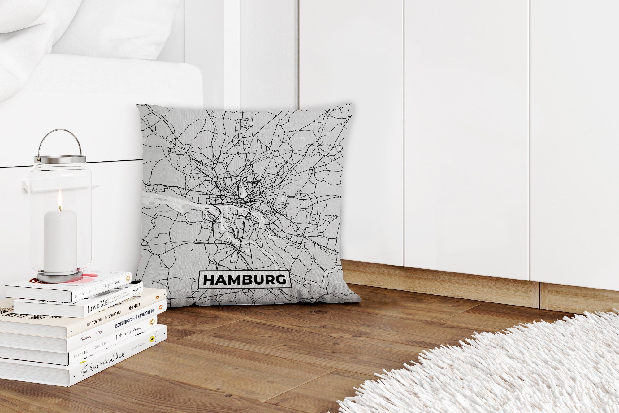 Karte - Füllung mit Wohzimmer, Stadt, MuchoWow Deko, Sofakissen Hamburg Zierkissen - Dekokissen Karte Schlafzimmer, - für - Deutschland