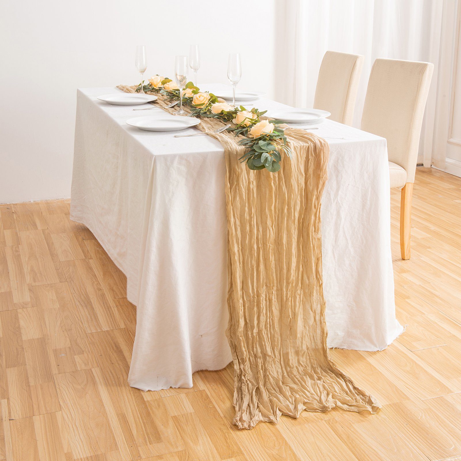 Tischläufer rustikaler Gaze-Tischläufer, Seihtuch, halbdurchsichtiger Stoff, Tischdecke für Boho-Hochzeit, Geburtstagsfeier, 90 x 400 cm Gelb