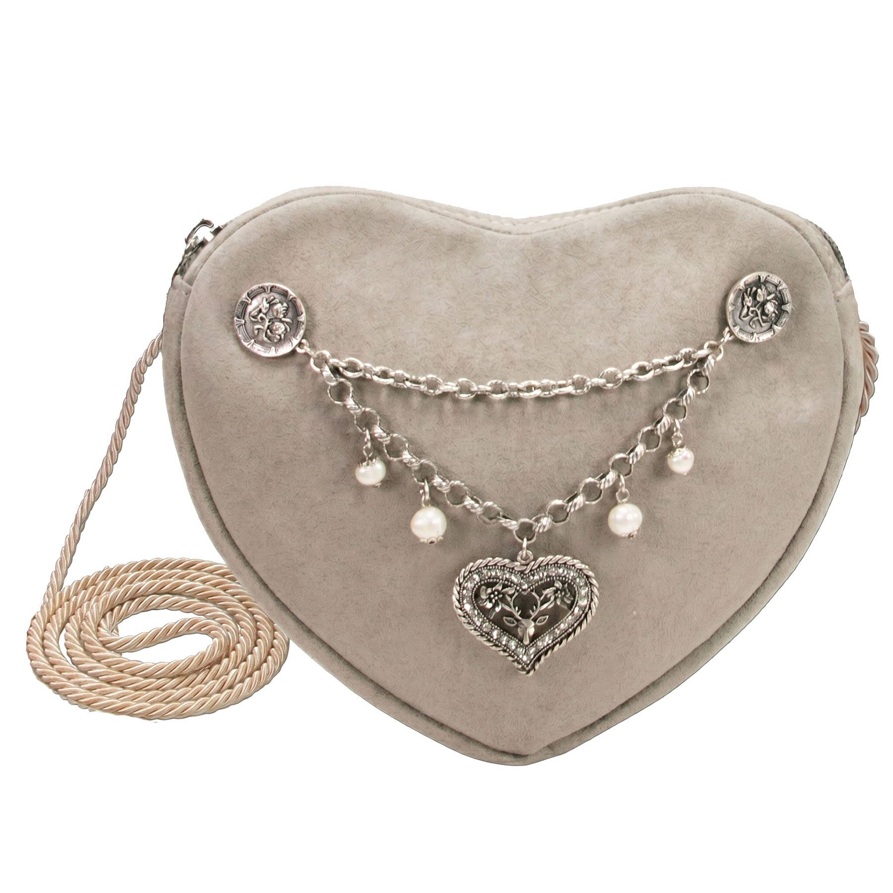 Alpenflüstern Schultertasche Herztasche Charivari Strass-Herz (taupe-grau), - Damen Trachtentasche in Herzform, Schultertasche fürs Dirndl, Herz H