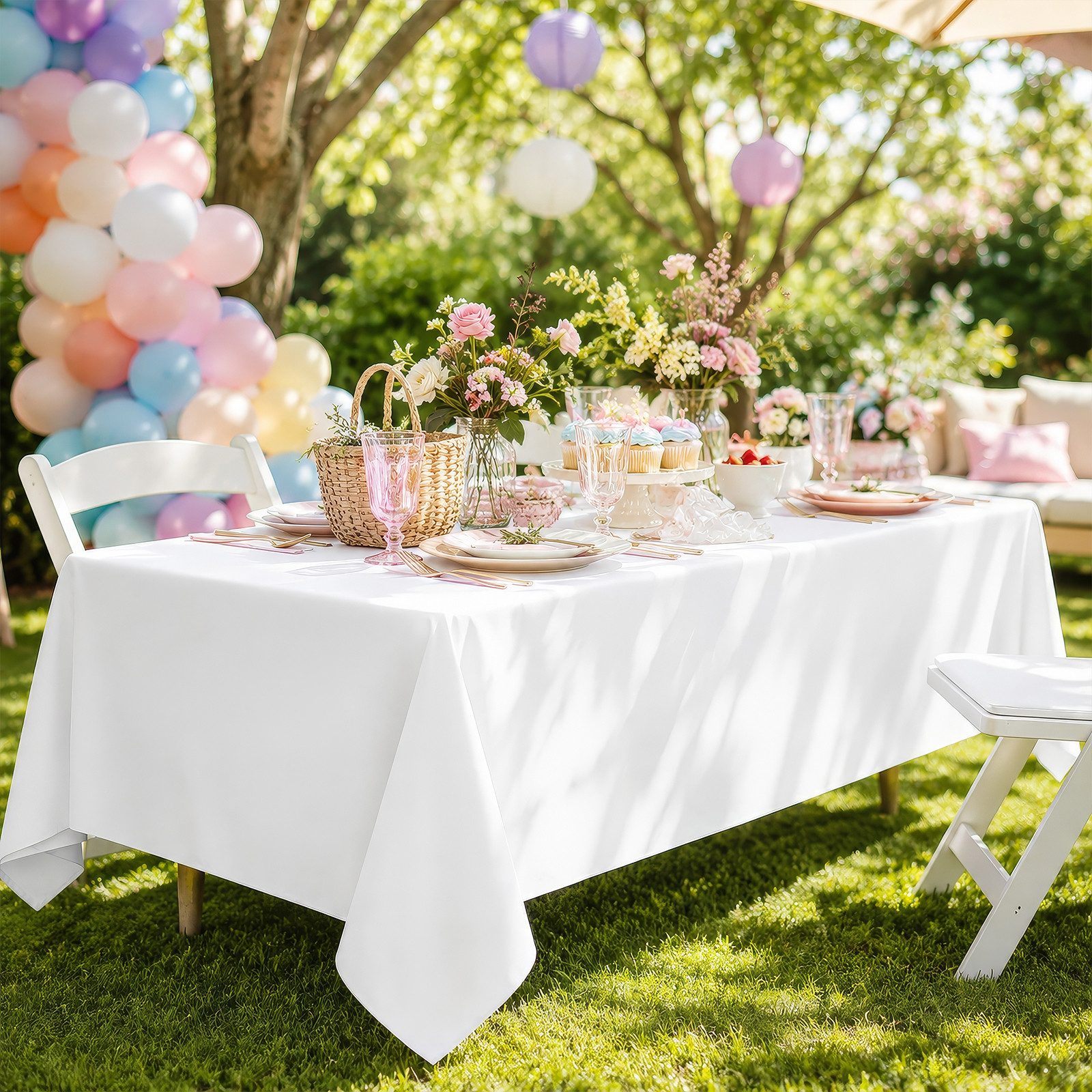 BlingBin Tischdecke 10 Stück weiße Polyester-Tischdecken für 6 Fuß rechteckige Tische (10er Set 10-tlg, 155 cm x 265 cm), waschbar, für Feier, Hochzeit, Buffet und Event
