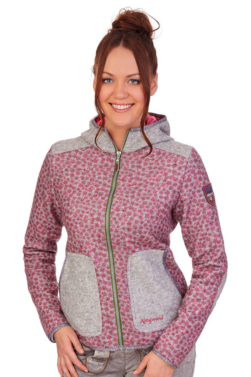 Almgwand Outdoorjacke Kapuzenjacke aus Walk mit Wolle - VILSERKEGEL - grau/pink