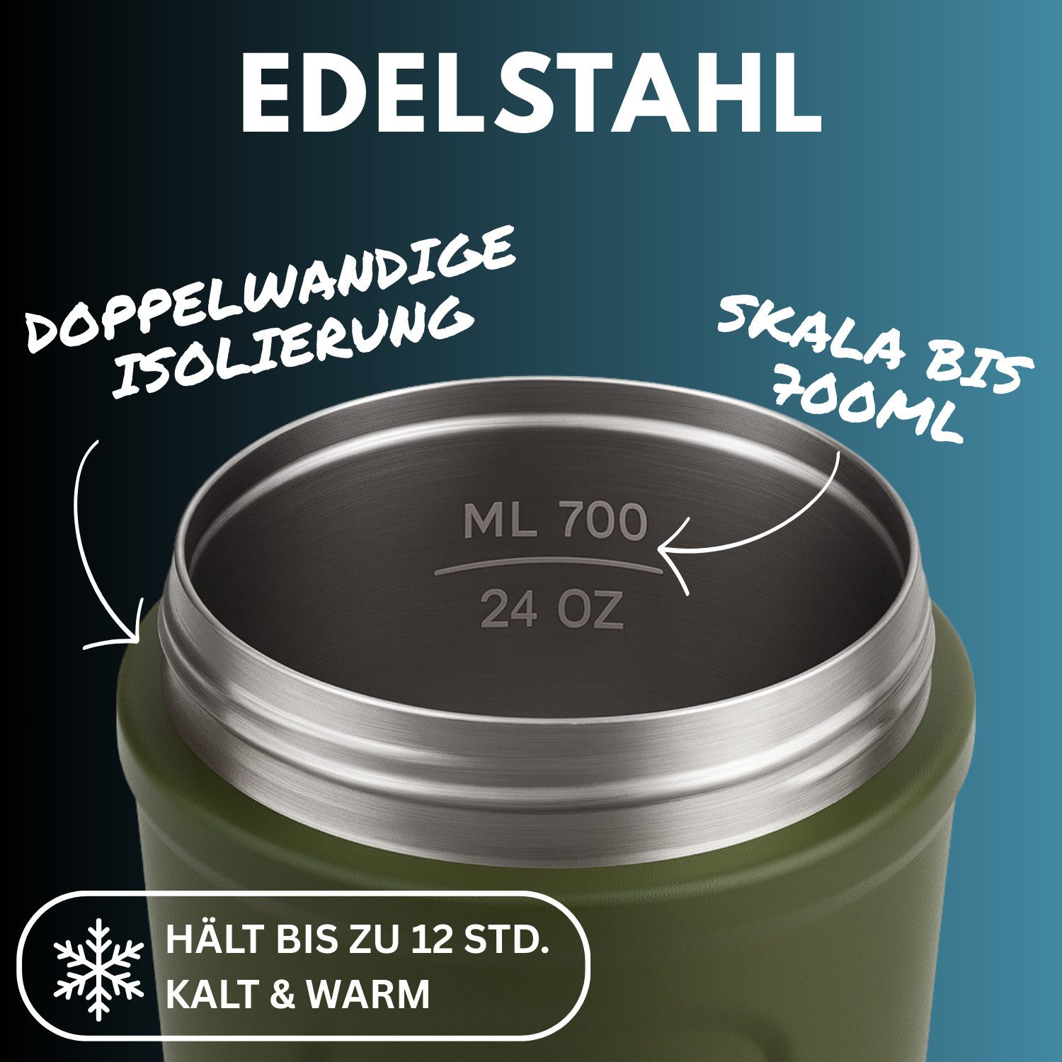 Khroom Protein Shaker aus Edelstahl mit Thermofunktion, 700ml, Fitness Eiweiß Shaker, (12h kalt/warm, spülmaschinenfest), Thermofunktion – Bild 4 von 5