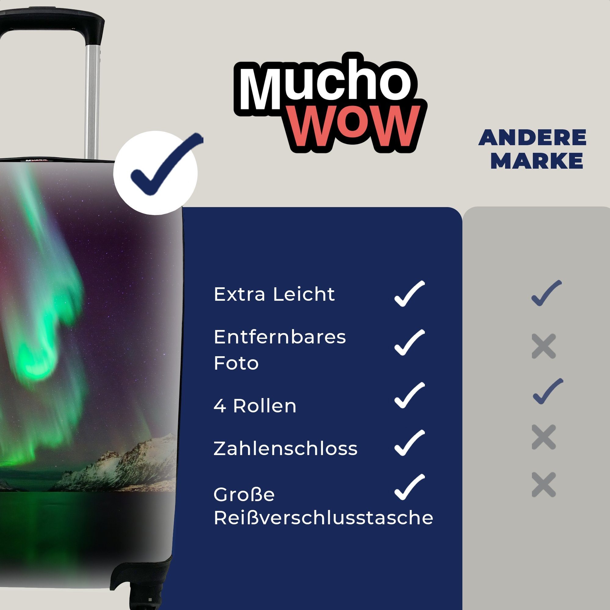 MuchoWow Handgepäckkoffer Handgepäck - Berge Trolley, Reisekoffer Ferien, Reisetasche 4 - Rollen, mit Norwegen, für Nordlichter rollen