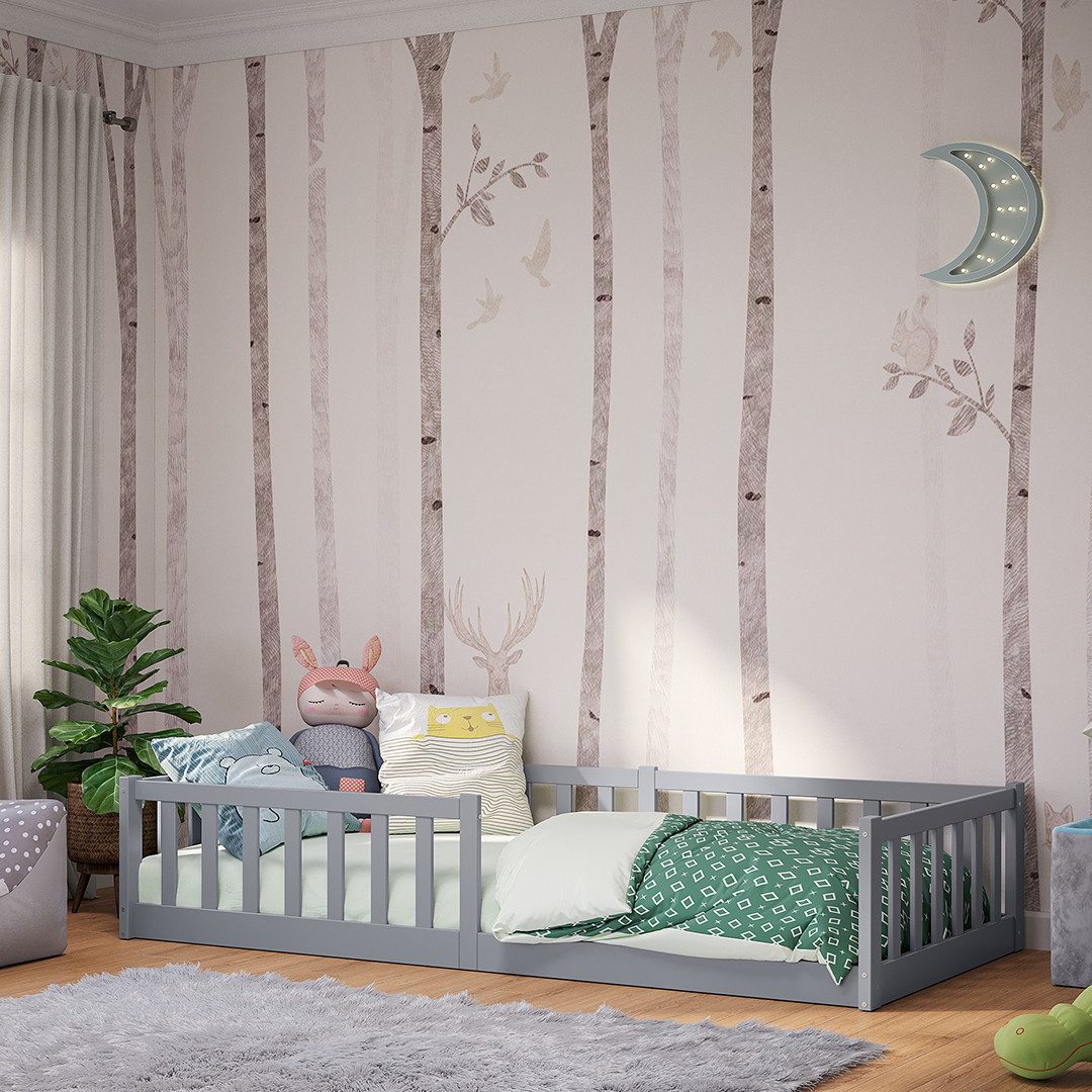 Bellabino Kinderbett Vere aus Kiefer Massivholz mit Rausfallschutz & Lattenrost (hellgrau), Bodenbett verfügbar in 80x160 & 90/120/140x200 cm