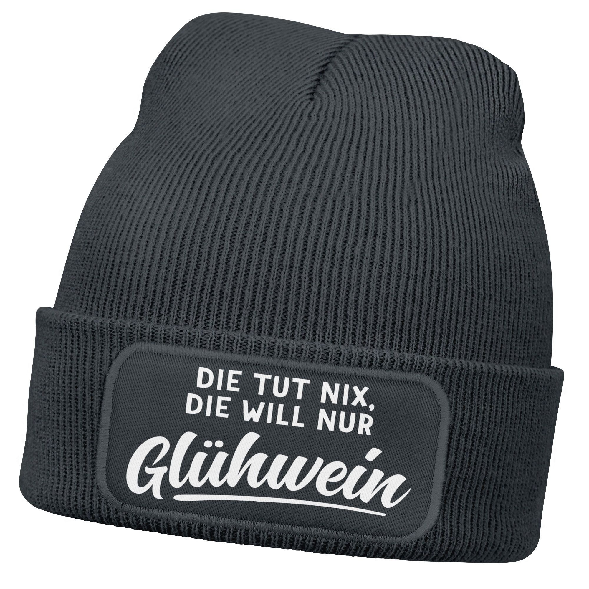 Strickmütze Damen Beanie mit Patch Strickmütze mit Spruch Glühwein Aufdruck