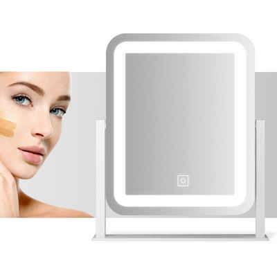 WDWRITTI Schminkspiegel Kosmetikspiegel LED Tisch mit Beleuchtung (Makeup Spiegel Rechteckig, 3Lichtfarben, Helligkeit dimmbar, Touch), 360° Drehbar, HD Umweltschutz Spiegel
