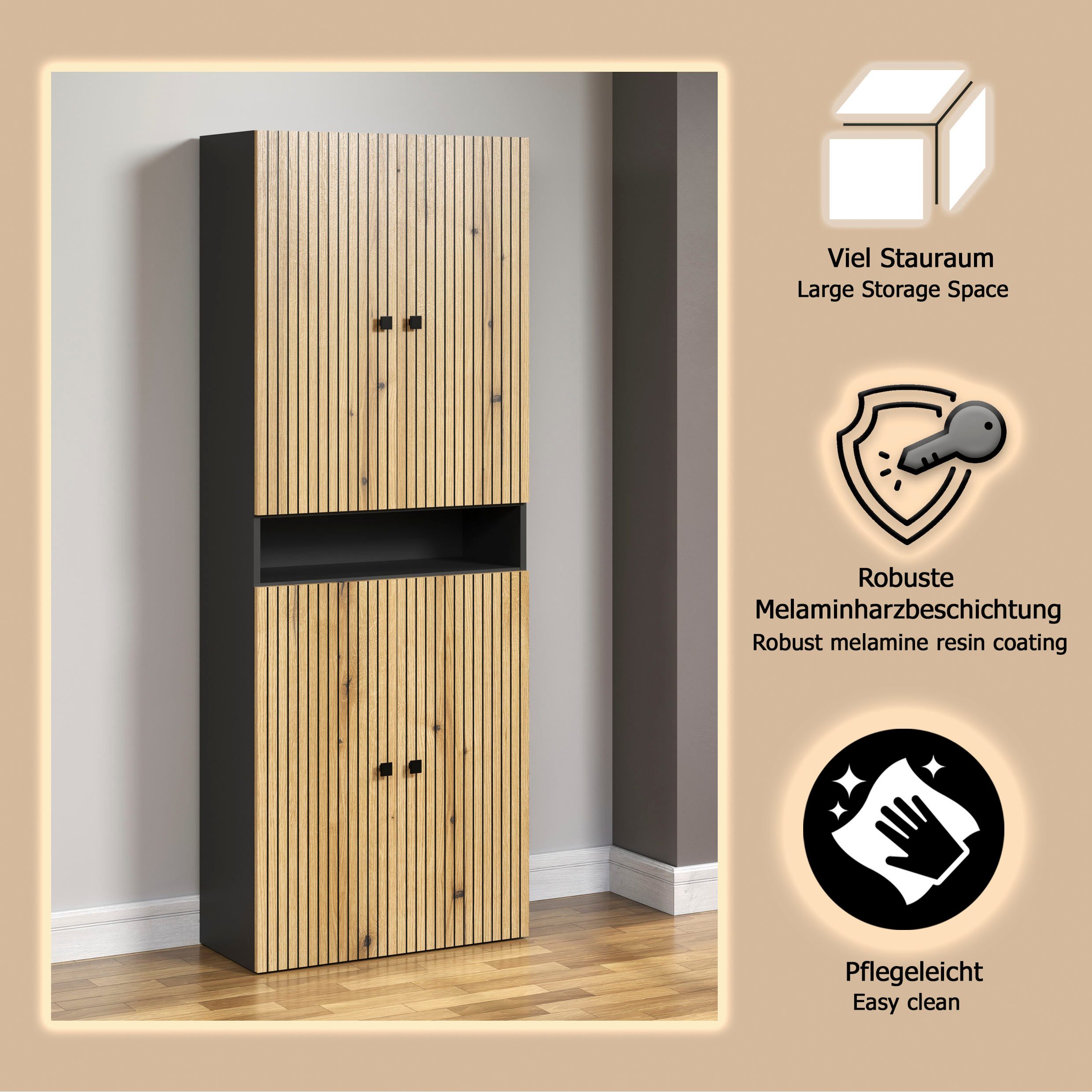 welltime Hochschrank Amrum Badezimmerschrank mit und ohne Schublade - (B/T/H) 40-70/31/186 cm – Bild 4 von 5